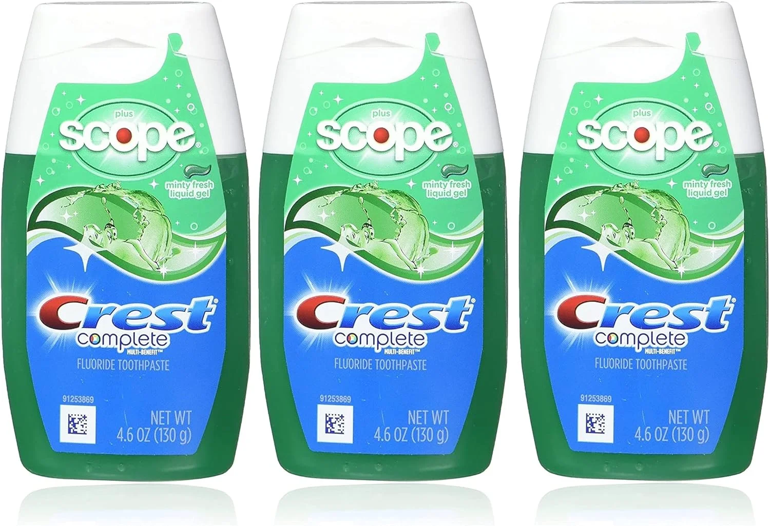 خمیر دندان کرست Complete Whitening Plus Scope، ژل مایع نعنایی تازه، ۱۳۰ گرم - ۳ عدد
