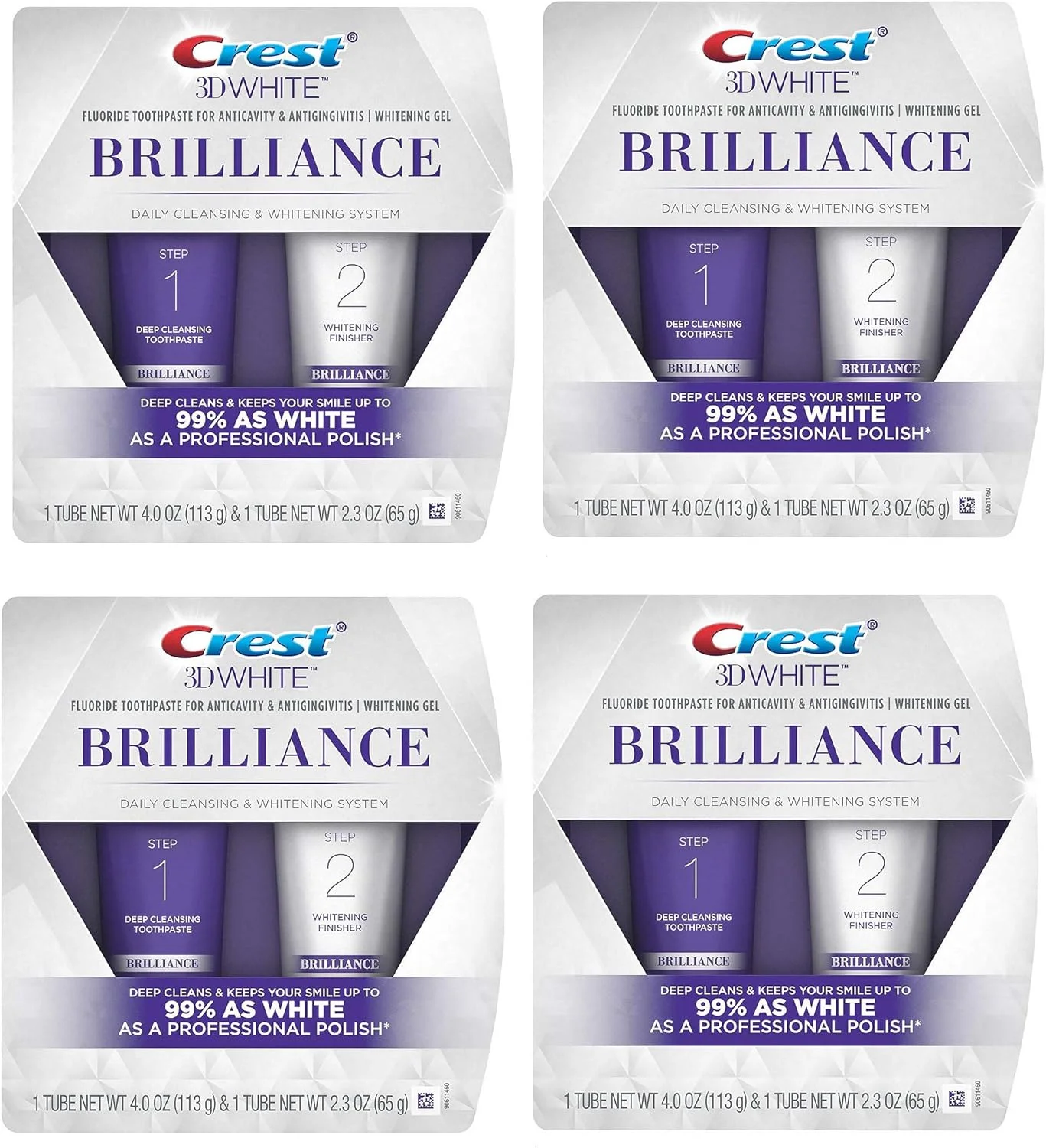 خمیر دندان و سیستم ژل سفید کننده چهارتایی Crest 3D White Brilliance، شامل 113 گرم و 65 گرم