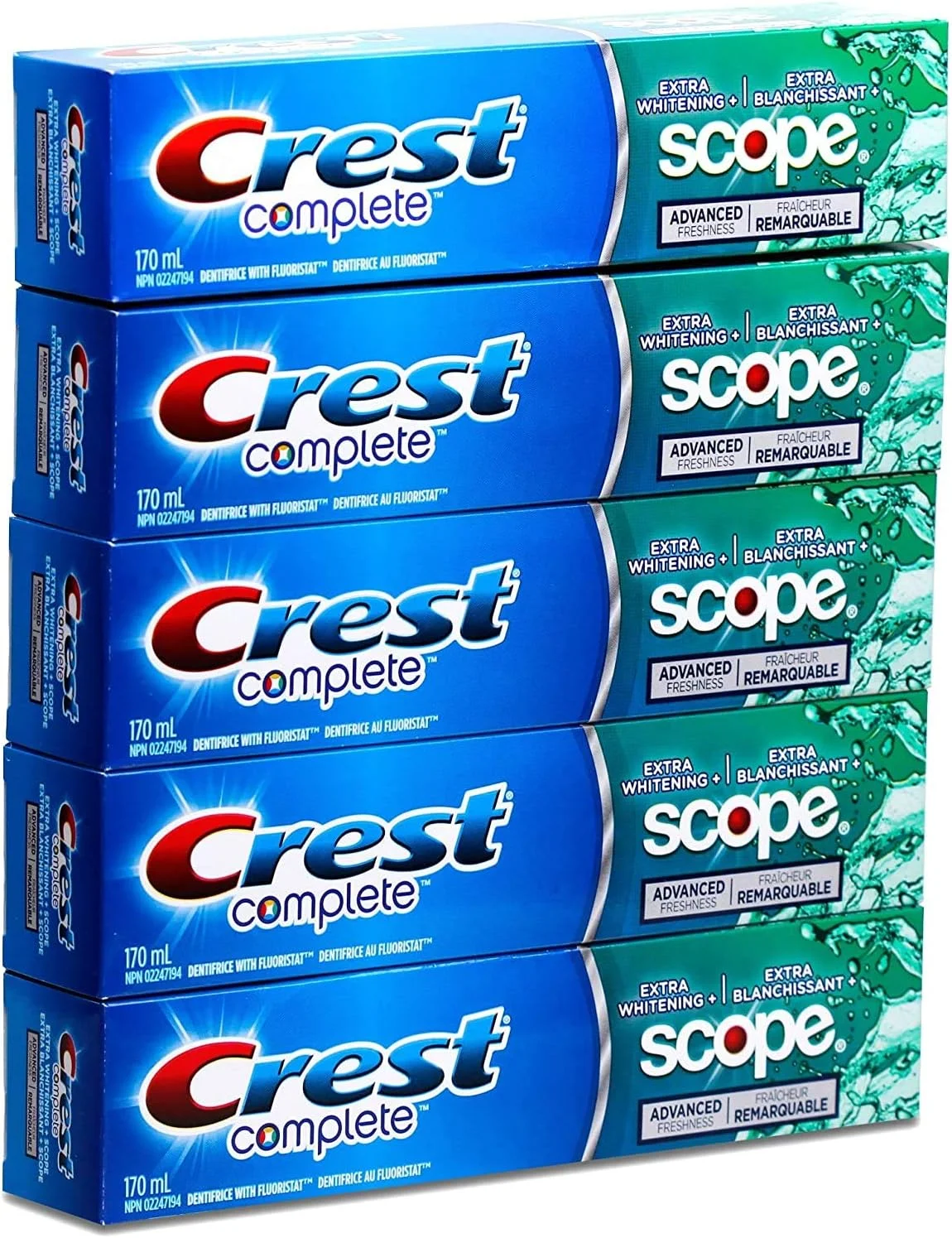 خمیر دندان کامل کرست، سفید کننده اضافی + طراوت پیشرفته اسکوپ، نعنایی تازه راه راه - 170 میلی لیتر بسته 5 عددی