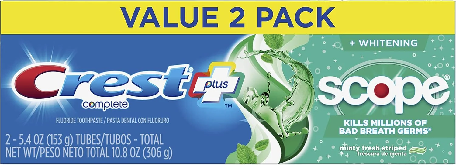 خمیر دندان کرست، به همراه دهانشویه اسکوپ، ضد پوسیدگی حاوی فلوراید، نعنایی تازه راه راه، بسته 2 عددی، 153 گرم