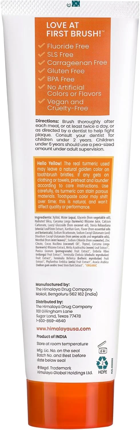 خمیر دندان گیاهی زردچوبه و روغن نارگیل هیمالیا بوتانیک، سفید کننده و ضد پلاک، بدون فلوراید، بدون طعم دهنده مصنوعی، بدون SLS، وگان، بدون تست حیوانی، کف کننده، طعم نعناع، 113 گرم