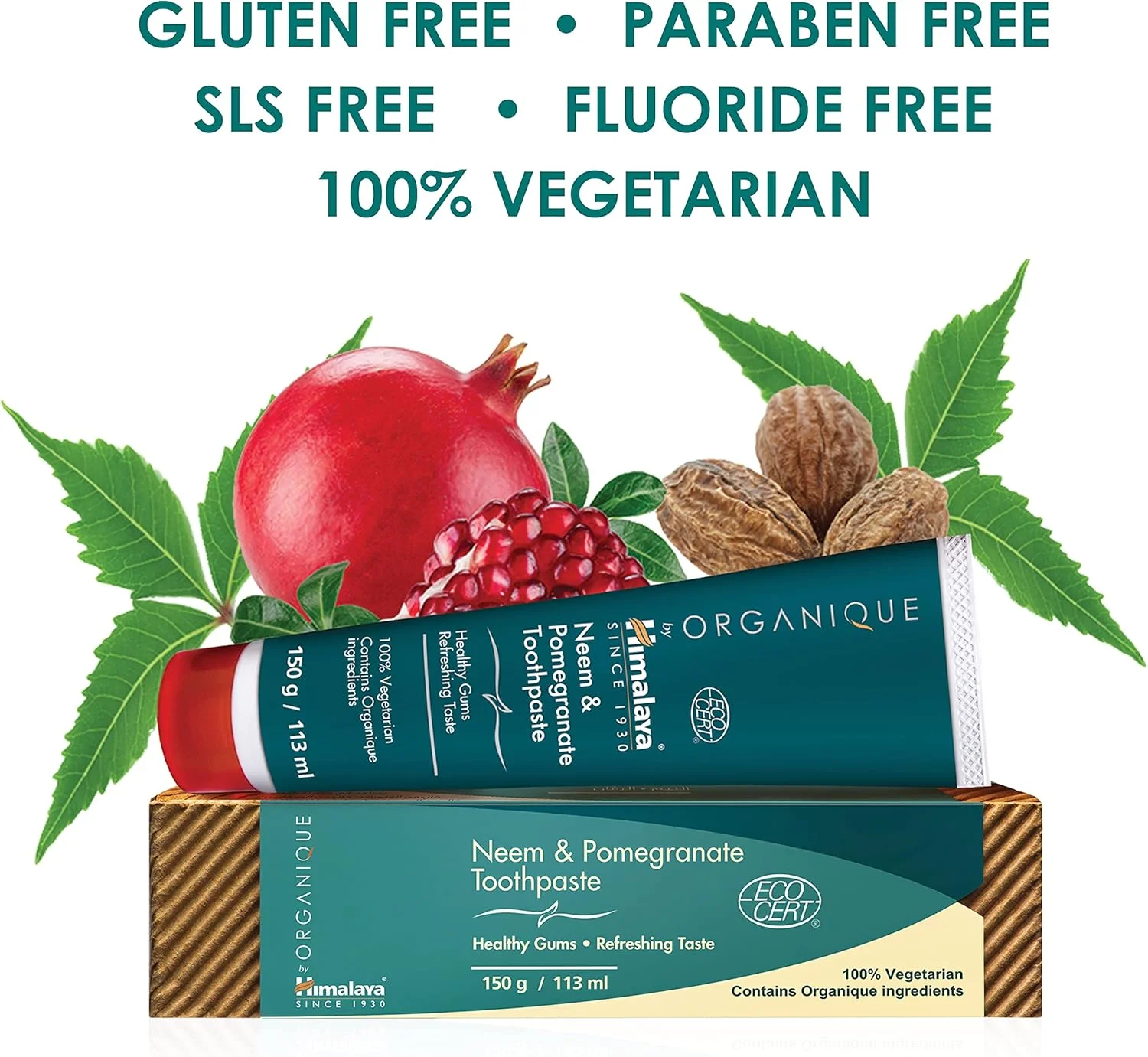 خمیر دندان گیاهی نيم و انار هیمالیا، مبارزه با پلاک، روشن کننده دندان، بدون فلوراید، بدون طعم دهنده مصنوعی، بدون SLS، بدون تست حیوانی، کف کننده، طعم نعناع، 150 گرم