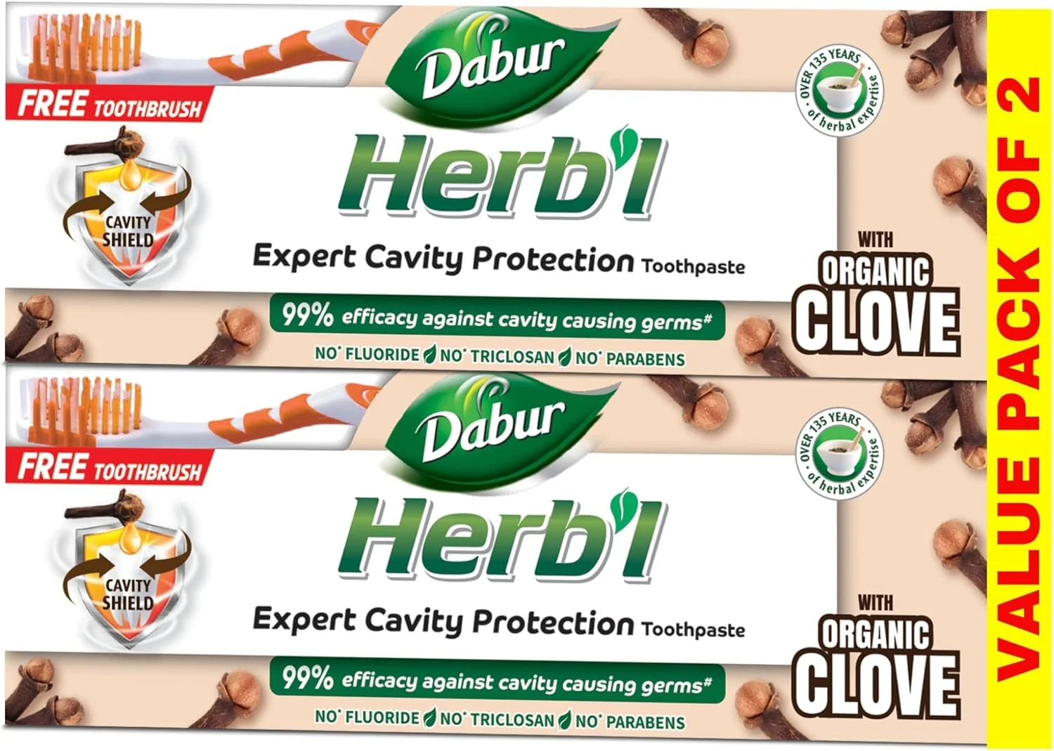 خمیر دندان گیاهی محافظ حفره دندان با طعم میخک دابور، 150 گرم + مسواک (بسته 2 عددی)