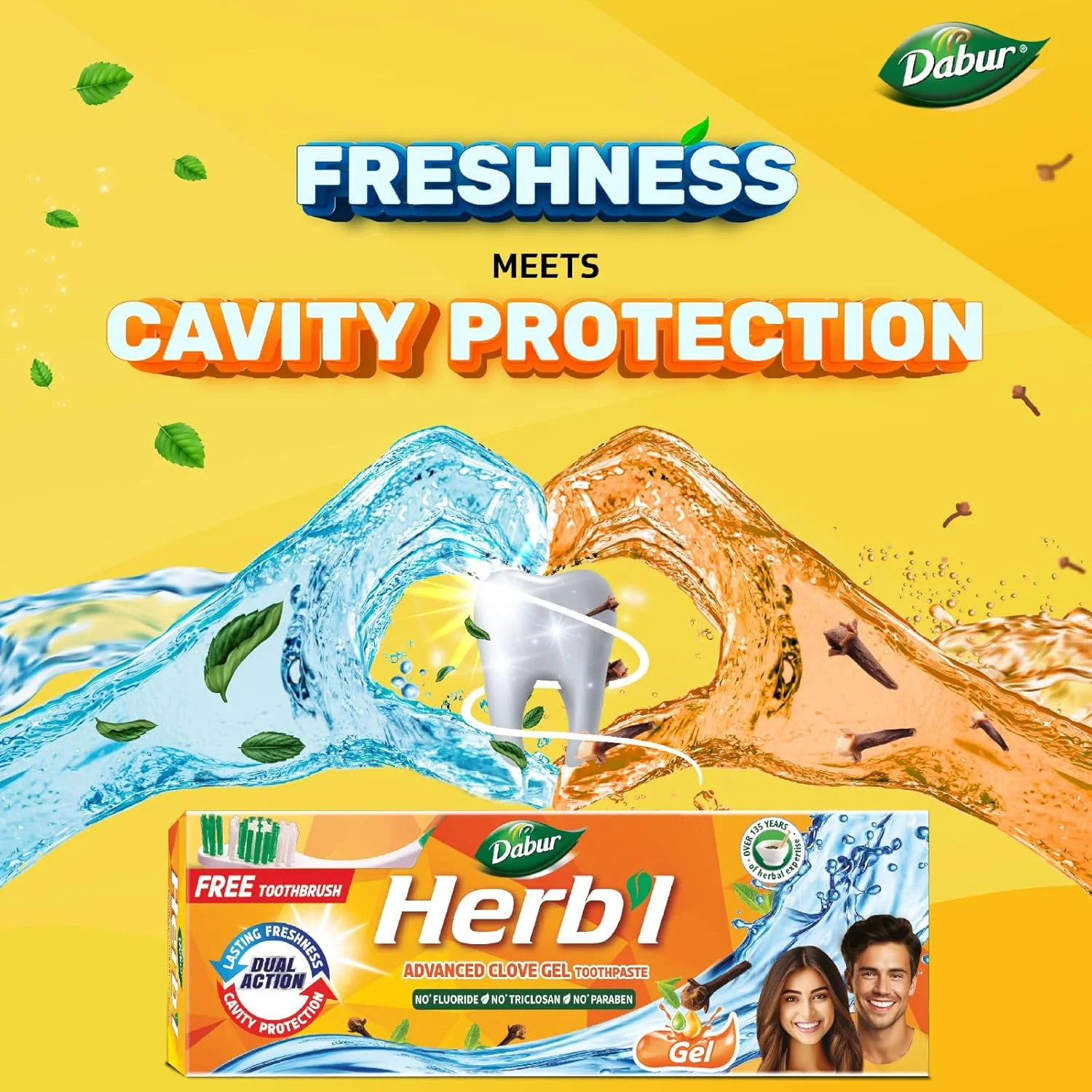 خمیر دندان ژلی میخک پیشرفته گیاهی دابور (150 گرم + مسواک رایگان) | برای محافظت از دندان ها + طراوت ماندگار | حاوی روغن میخک و روغن نعناع | بدون تریکلوزان، بدون فلوراید، بدون پارابن