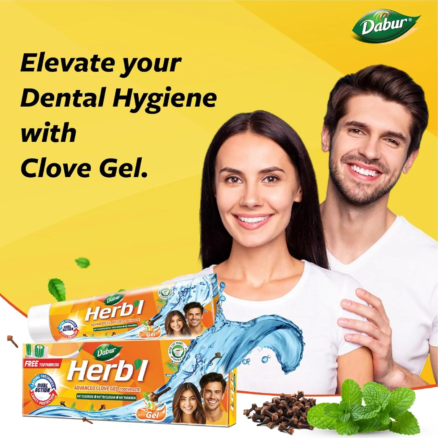 خمیر دندان ژلی میخک پیشرفته گیاهی دابور (150 گرم + مسواک رایگان) | برای محافظت از دندان ها + طراوت ماندگار | حاوی روغن میخک و روغن نعناع | بدون تریکلوزان، بدون فلوراید، بدون پارابن