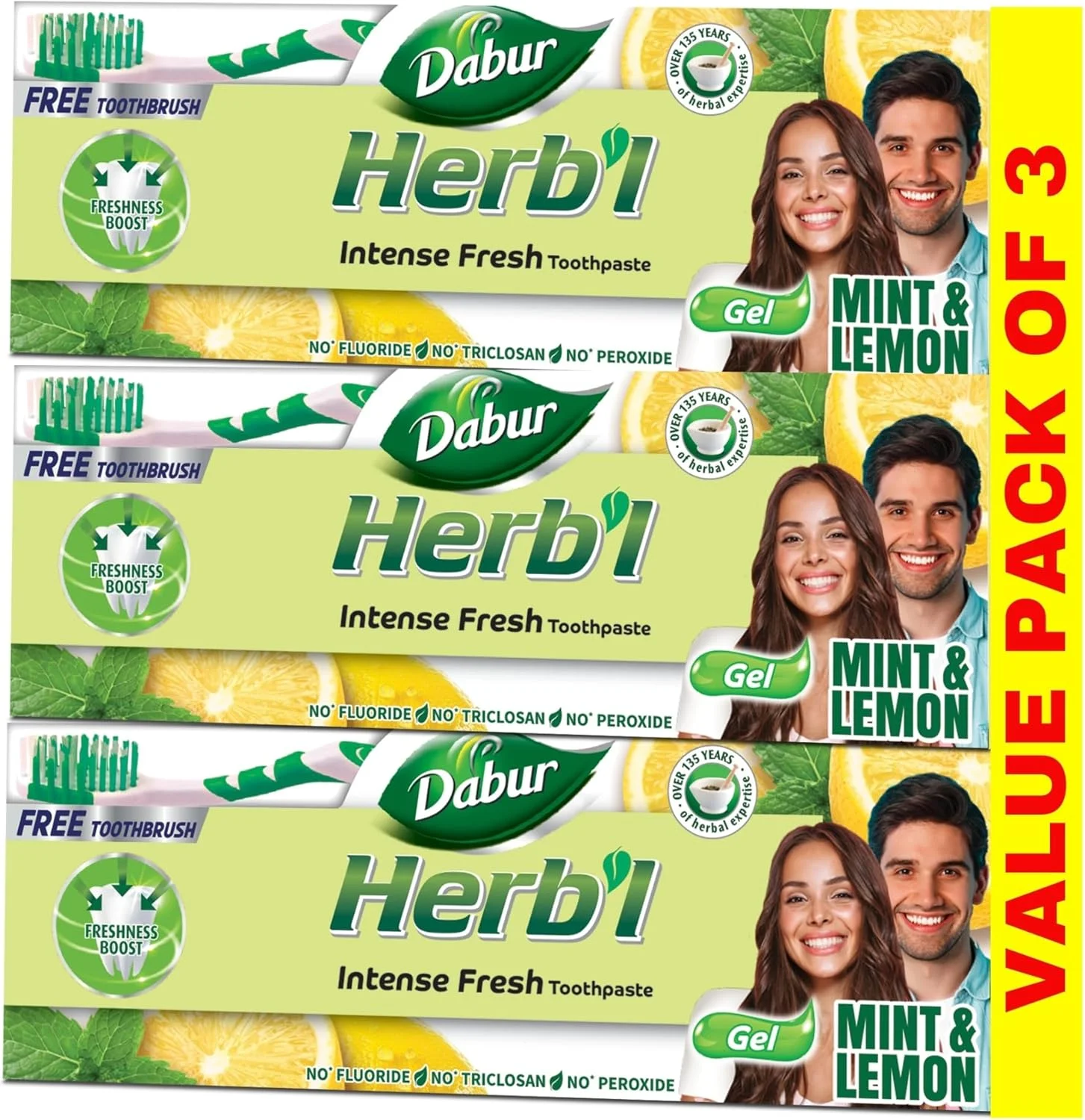خمیر دندان ژلی طراوت بخش گیاهی دابور (3 عدد 150 گرمی + مسواک) | با ترکیبی از نعناع و لیمو | خمیر دندان ژلی طراوت بخش طبیعی برای تنفس تازه | بسته اقتصادی