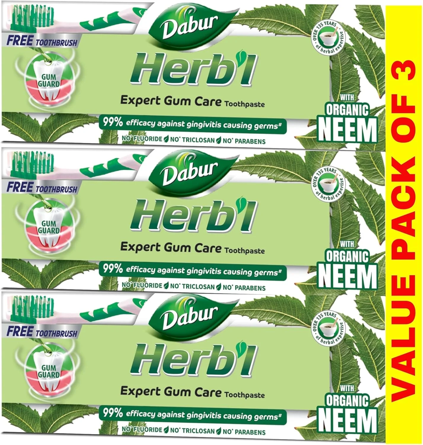 خمیر دندان گیاهی دابور با عصاره چریش 150 گرم + مسواک (بسته 3 عددی) | غنی شده با عصاره چریش | خمیر دندان طبیعی برای لثه های سالم و تنفس تازه