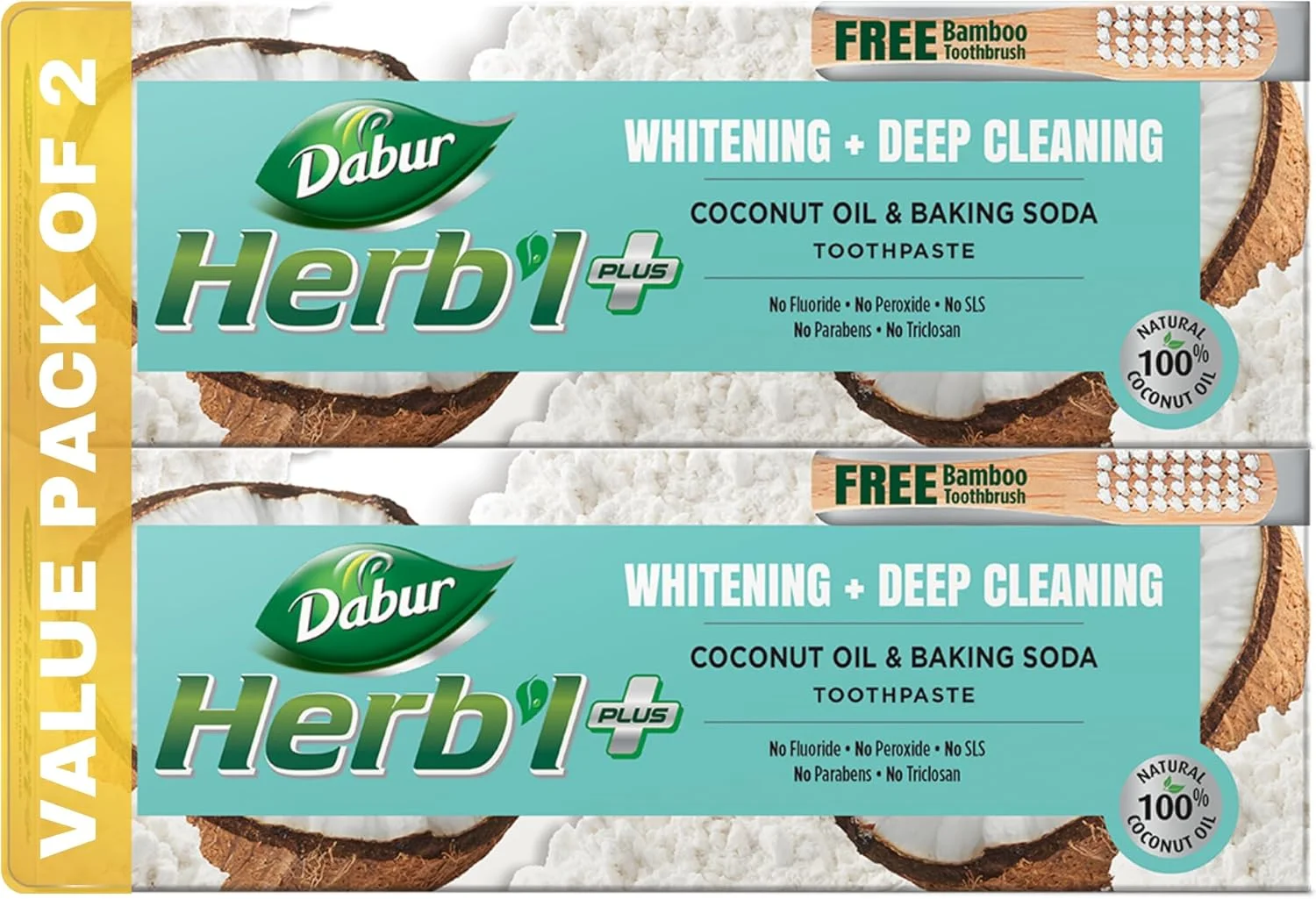 خمیر دندان گیاهی دابور پلاس روغن نارگیل و جوش شیرین (2 عدد 150 گرمی + مسواک بامبو) | سفید کننده و پاک کننده عمیق | فاقد فلوراید، SLS، تریکلوزان و پارابن | بسته اقتصادی خمیر دندان گیاهی دابور پلاس روغن نارگیل و جوش شیرین (2 عدد 150 گرمی + مسواک بامبو) | سفید کننده و پاک کننده عمیق | فاقد فلوراید، SLS، تریکلوزان و پارابن | بسته اقتصادی