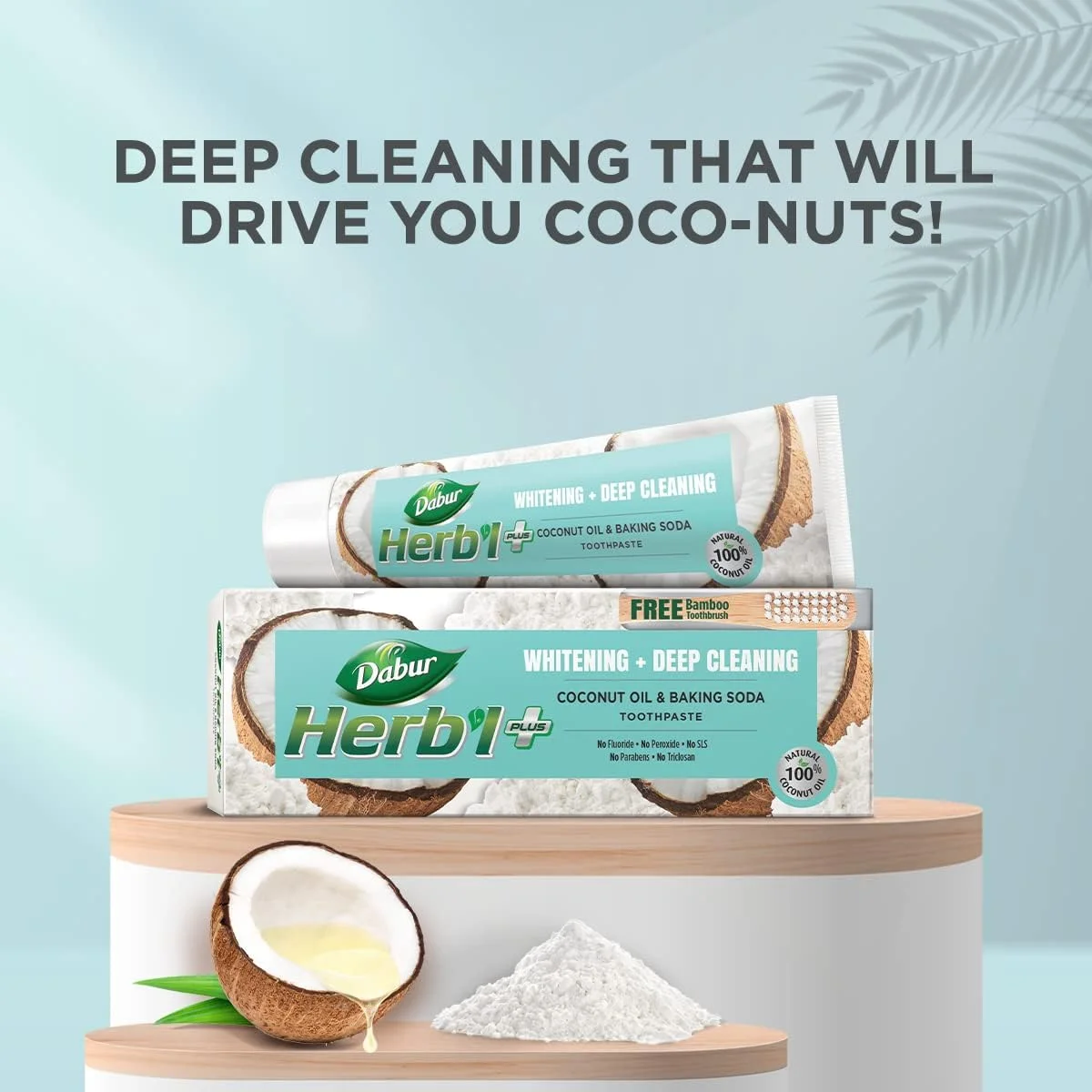 خمیر دندان گیاهی دابور پلاس روغن نارگیل و جوش شیرین (2 عدد 150 گرمی + مسواک بامبو) | سفید کننده و پاک کننده عمیق | فاقد فلوراید، SLS، تریکلوزان و پارابن | بسته اقتصادی