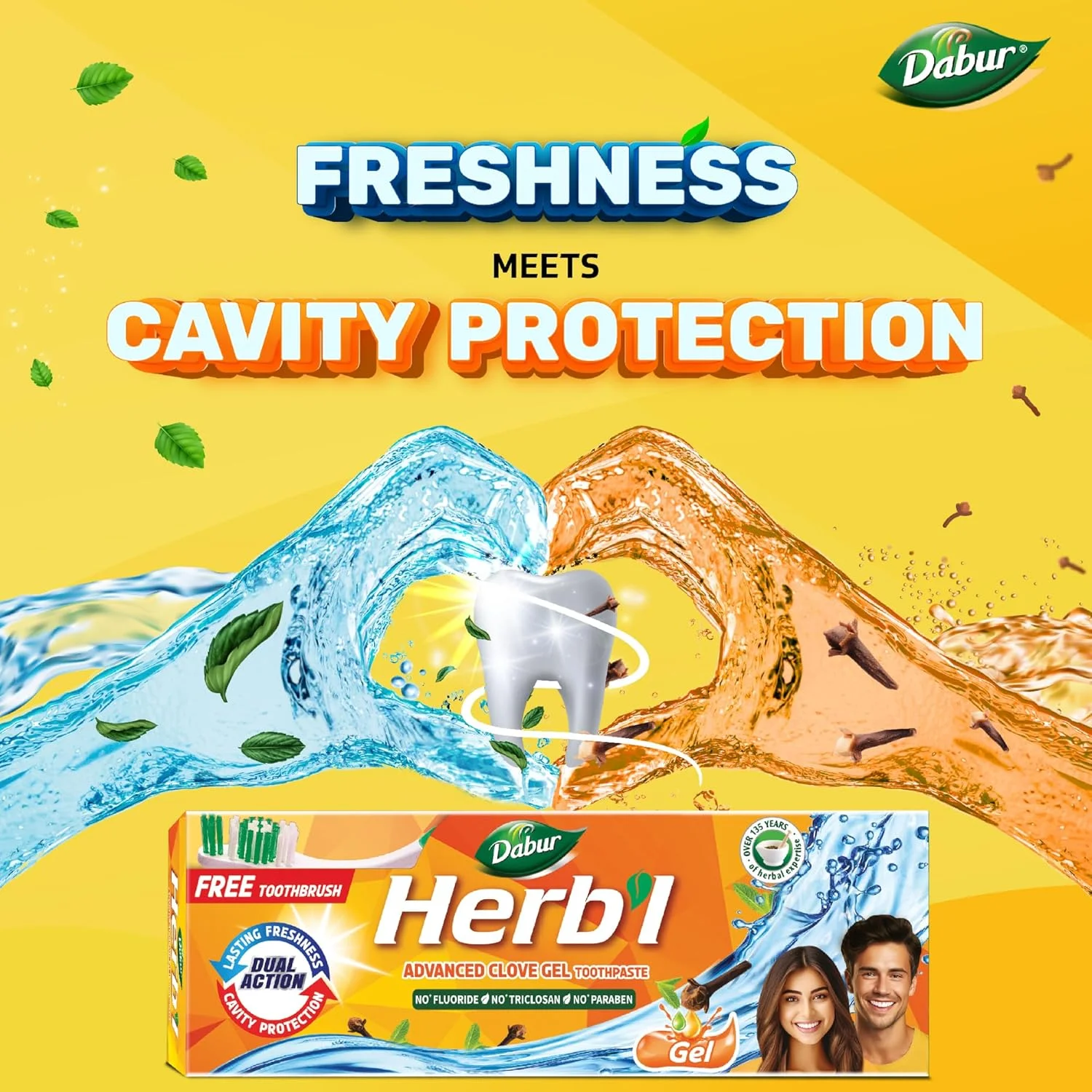 خمیر دندان ژلی میخک پیشرفته گیاهی دابور (2x150 گرم + مسواک رایگان) | برای محافظت از دندان + طراوت ماندگار | حاوی روغن میخک و روغن نعناع | بدون تریکلوزان، بدون فلوراید، بدون پارابن