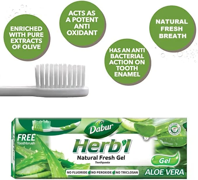 خمیر دندان گیاهی دابور حاوی آلوئه ورا (150 گرم + مسواک بامبو) | غنی شده با آلوئه ورا | برای لثه های سالم و دندان های قوی | ژل طبیعی با طراوت خمیر دندان گیاهی دابور حاوی آلوئه ورا (150 گرم + مسواک بامبو) | غنی شده با آلوئه ورا | برای لثه های سالم و دندان های قوی | ژل طبیعی با طراوت