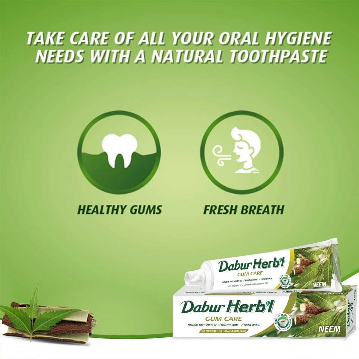 خمیر دندان گیاهی دابور با عصاره درخت چریش | خمیر دندان طبیعی برای لثه های سالم و تنفس تازه، 150 گرم (بسته 1 عددی)