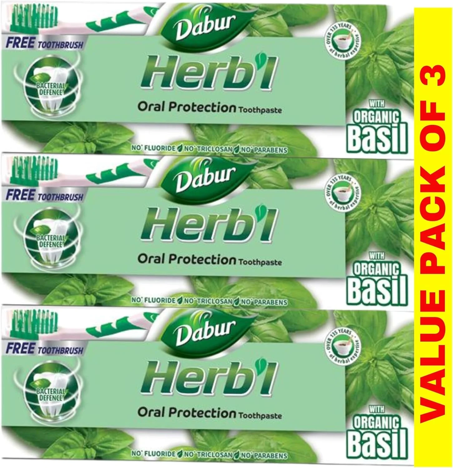 خمیر دندان محافظت دهانی دابور هربل با عصاره ریحان (3 عدد 150 گرمی + مسواک) | غنی شده با ریحان | خمیر دندان طبیعی برای لثه های سالم و دندان های قوی | بسته اقتصادی