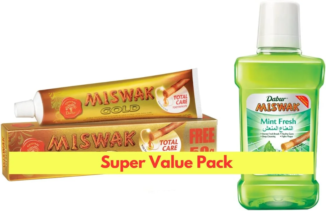 خمیر دندان مراقبت کامل دابور مسواک گلد، 120 گرم به همراه 50 گرم رایگان + مسواک رایگان + دهانشویه نعناع دابور مسواک با عصاره اراک، بدون الکل - 250 میلی لیتر