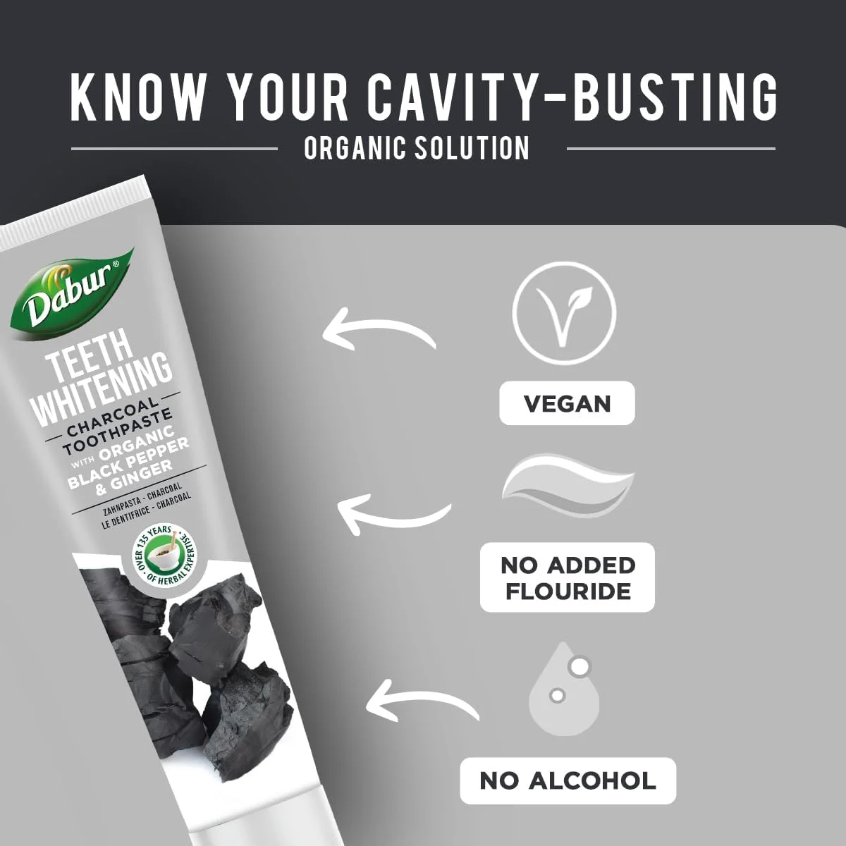 خمیر دندان سفید کننده دابور با زغال فعال، فلفل سیاه و زنجبیل، 100 میلی لیتر