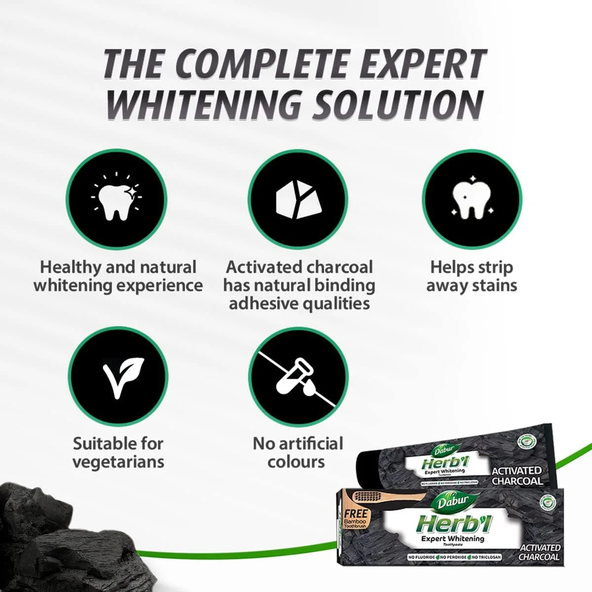 خمیر دندان ذغالی گیاهی دابور (150 گرم + مسواک بامبو) | برای سفید کردن تخصصی دندان ها، از بین بردن لکه ها و لثه های سالم | غنی شده با ذغال فعال (بسته 2 عددی)