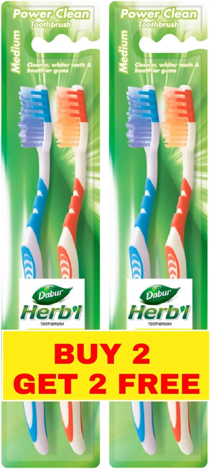 مسواک دستی گیاهی دابور 2+2 رایگان | برس موج دار برای تمیز کردن موثر | برس نرم برای دندان ها و لثه های بدون آسیب | مسواک زدن موثر با بهداشت کامل دهان و دندان (سایز متوسط - بسته دوتایی)