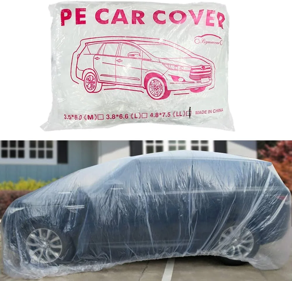 روکش یکبار مصرف خودرو، بسته 1 عددی، روکش پلاستیکی شفاف خودرو، روکش گاراژ ضد گرد و غبار و باران جهانی با نوار الاستیک، متوسط (4.8 متر * 7.5 متر)