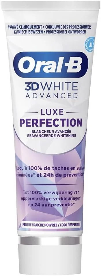 خمیر دندان سفید کننده اورال بی 3D White Advanced Luxe Perfection، از بین برنده لکه های سطحی، محافظت در برابر لکه ها، از نظر بالینی ثابت شده، رایحه نعناع با طراوت، 75 میلی لیتر