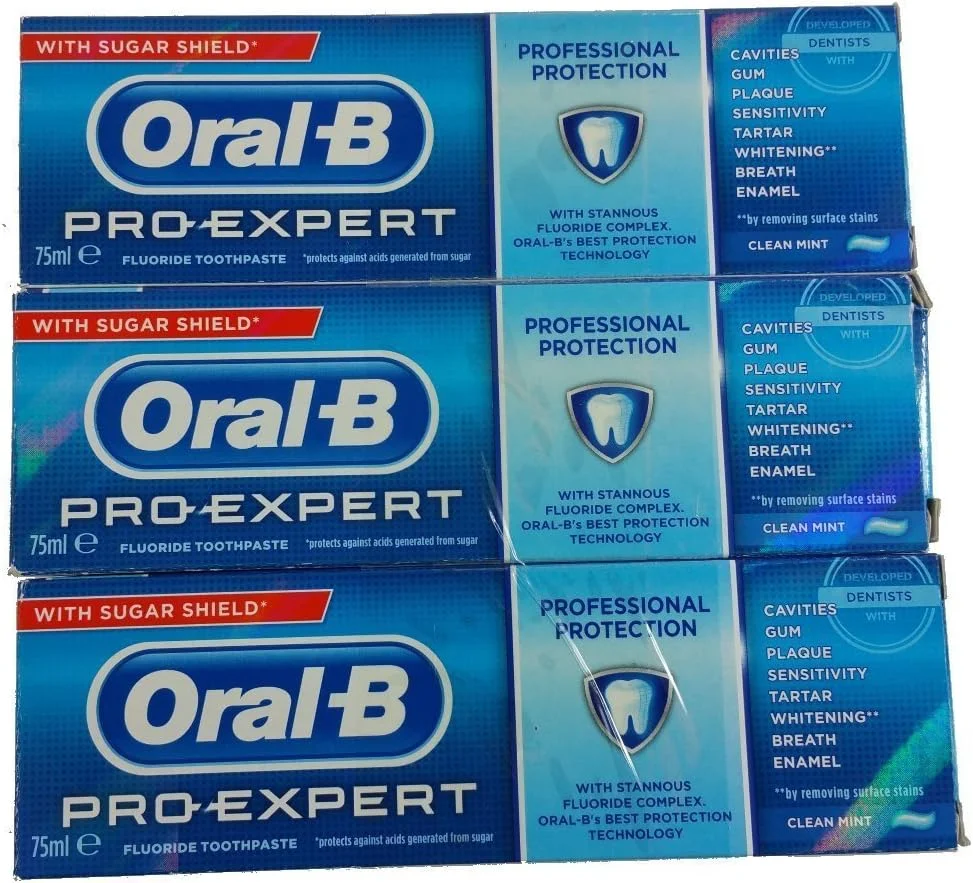 خمیر دندان حاوی فلوراید اورال-بی پرو اکسپرت با محافظ قند، طعم نعناع تمیز، ۷۵ میلی لیتر (بسته ۳ عددی)