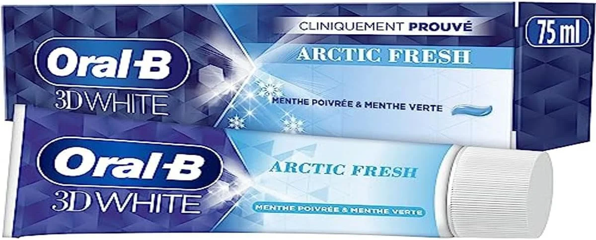خمیر دندان سفید کننده دندان Oral-B 3D White Arctic Fresh برای دندان های سفیدتر از اولین مسواک، ملایم بر روی مینای دندان، با طعم نعناع و نعناع سبز 75 میلی لیتر