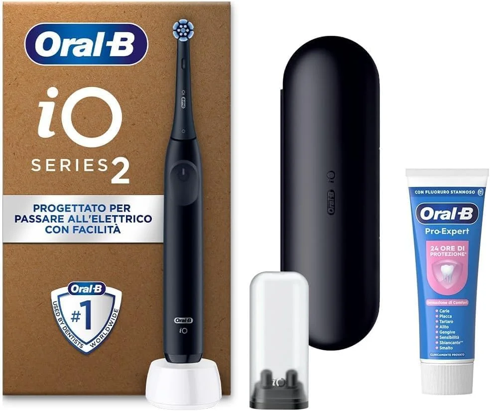 مسواک برقی شارژی مشکی Oral-B iO 2، دارای 1 سری جایگزین، 1 کیف مسافرتی، 1 نگهدارنده سری مسواک + 1 خمیر دندان Oral-B