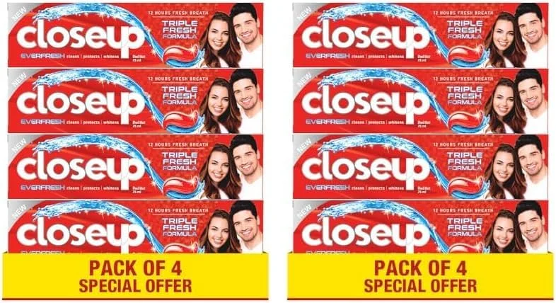 خمیر دندان ژلی کلوز آپ Triple Fresh، برای تنفس تازه تا 12 ساعت، طعم Red Hot، با دهانشویه ضد باکتری و کریستال های Microshine، 75 میلی لیتر x 4 (بسته 2 عددی)