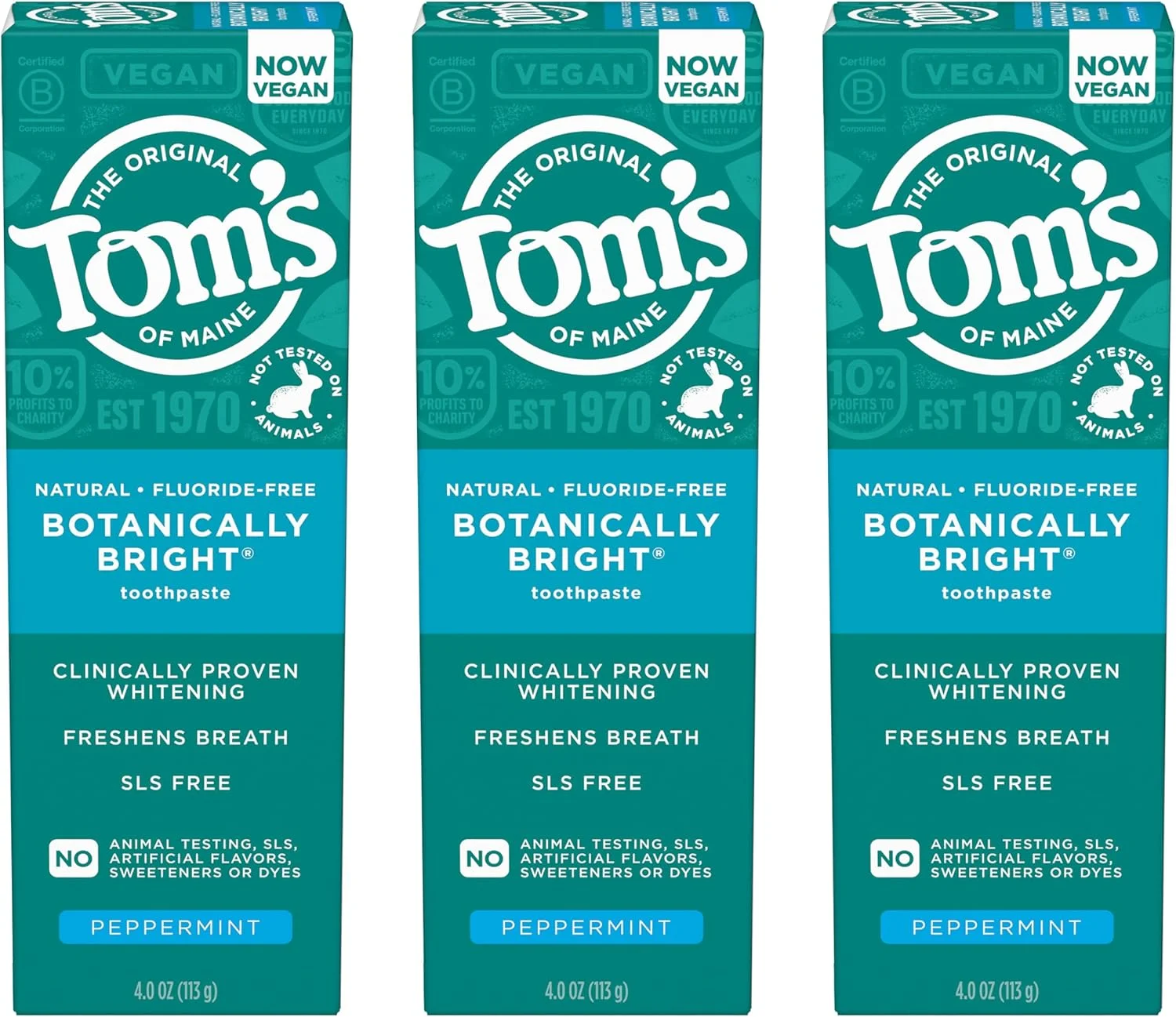 خمیر دندان سفید کننده طبیعی تامز آف مین، بدون فلوراید و SLS، گیاهی، نعناع، بسته 3 عددی، 113 گرم