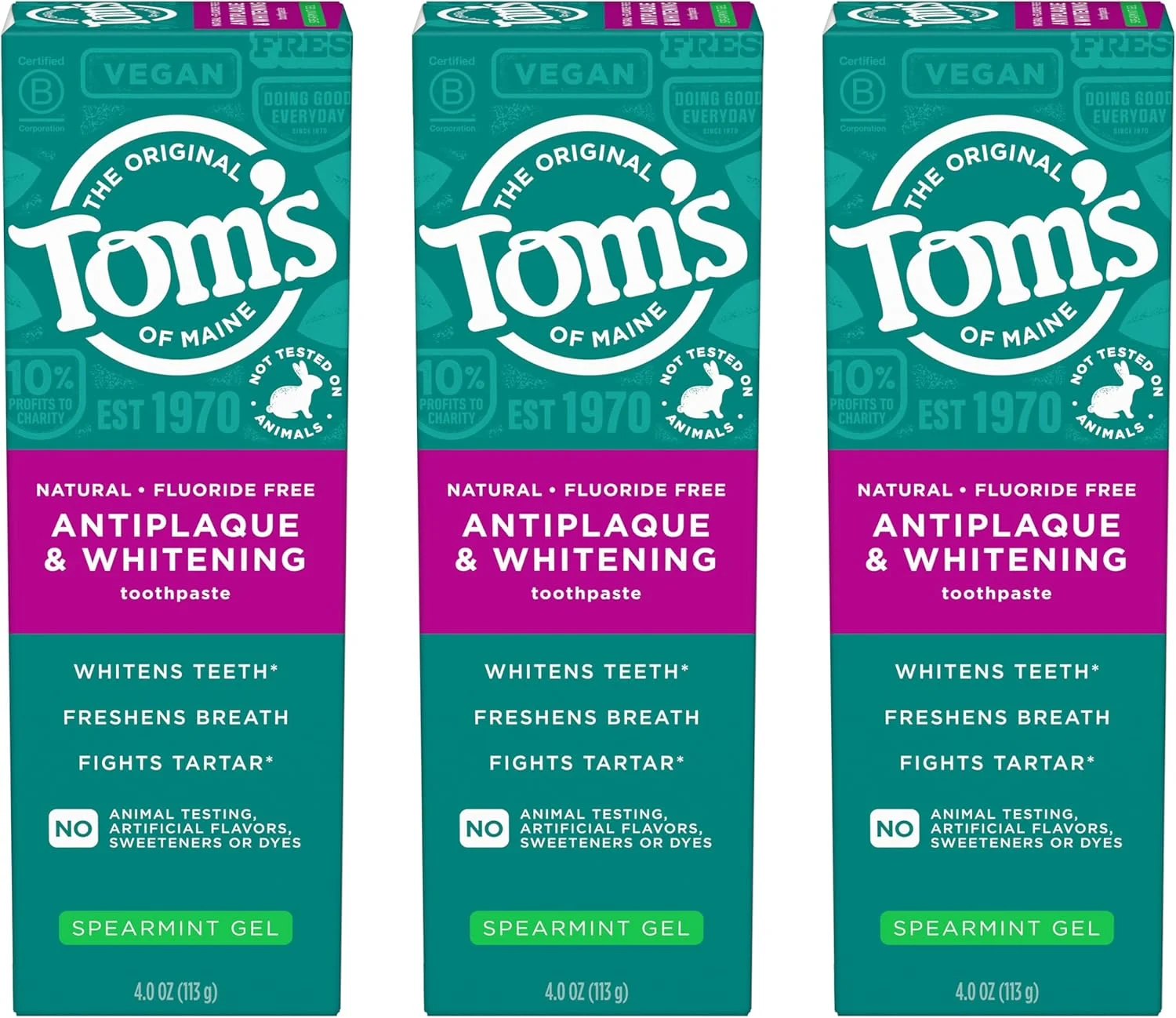 ژل خمیر دندان طبیعی ضد پلاک و سفید کننده تومز آف مین، بدون فلوراید، گیاهی، نعناع، 113 گرم (بسته 3 عددی)