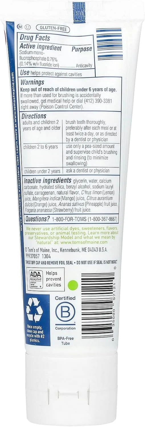 خمیر دندان کودکانه ضد پوسیدگی با فلوراید تامز آف مین، خمیر دندان طبیعی، طعم نارنگی انبه، 144 گرم