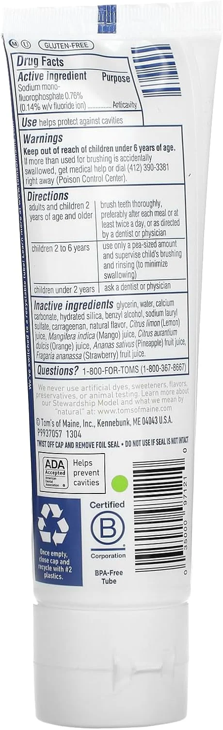 خمیر دندان کودکانه ضد پوسیدگی با فلوراید تامز آف مین، خمیر دندان طبیعی، طعم نارنگی انبه، 144 گرم