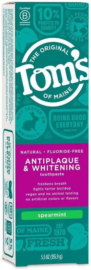 خمیر دندان طبیعی ضد پلاک و سفید کننده بدون فلوراید تامز آف مین، نعناع، 155 گرم