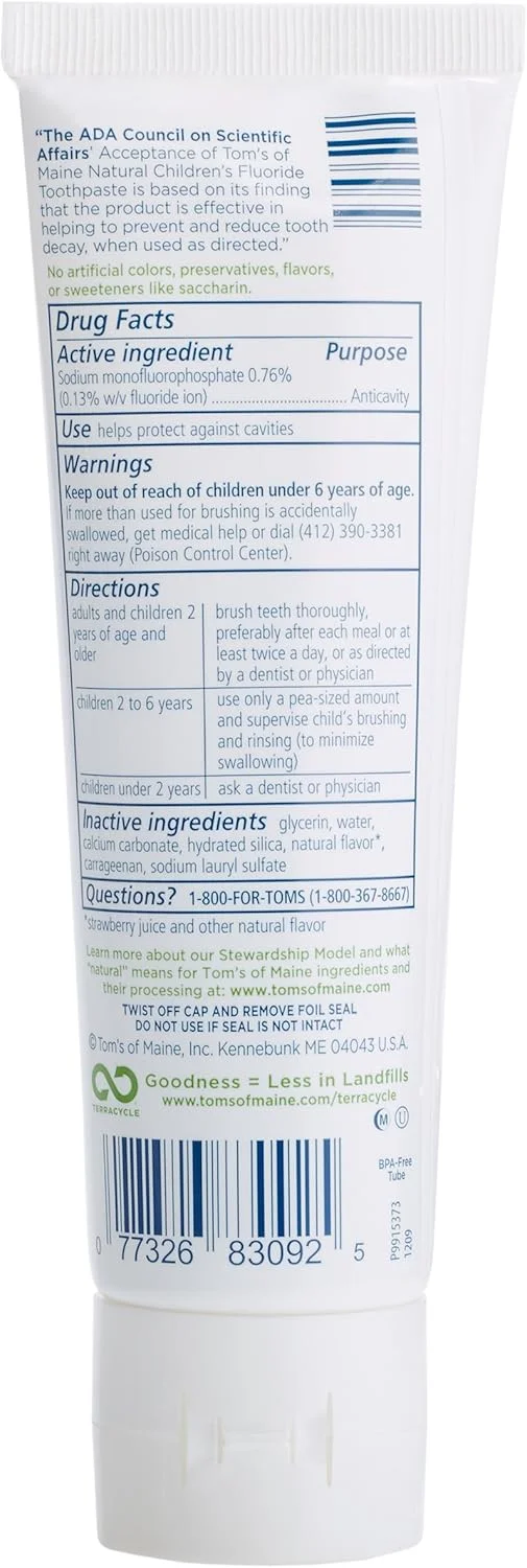 خمیر دندان کودکانه ضد پوسیدگی Tom's of Maine، توت فرنگی، 119 گرم، 3 عدد