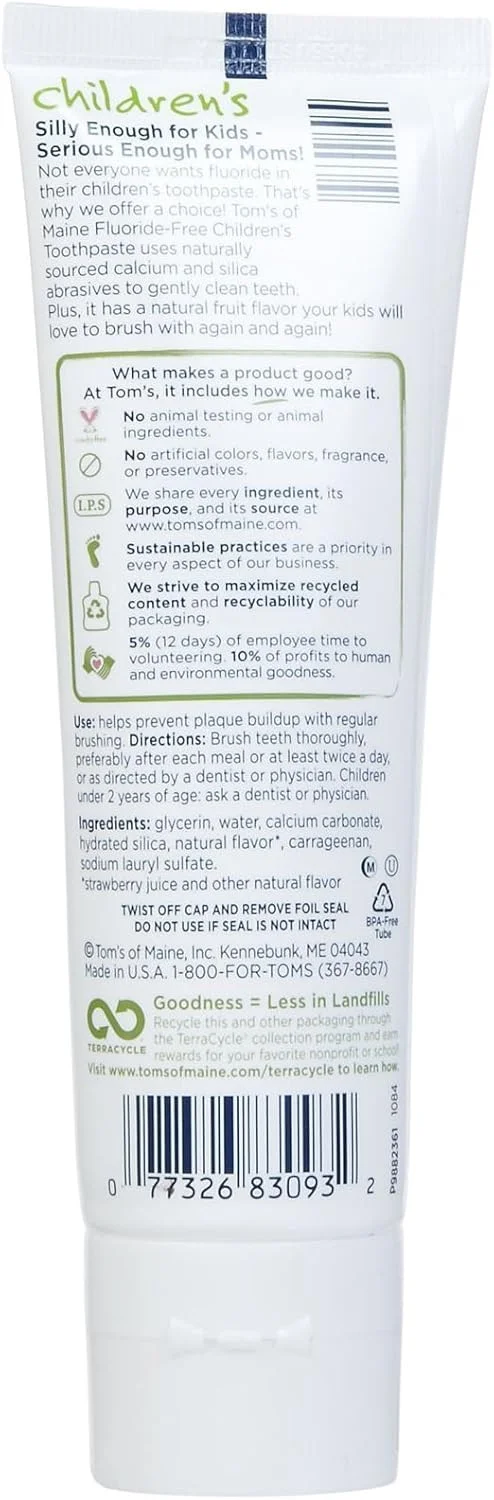 خمیر دندان کودکان تومز آف مین بدون فلوراید، توت فرنگی، 119 گرم