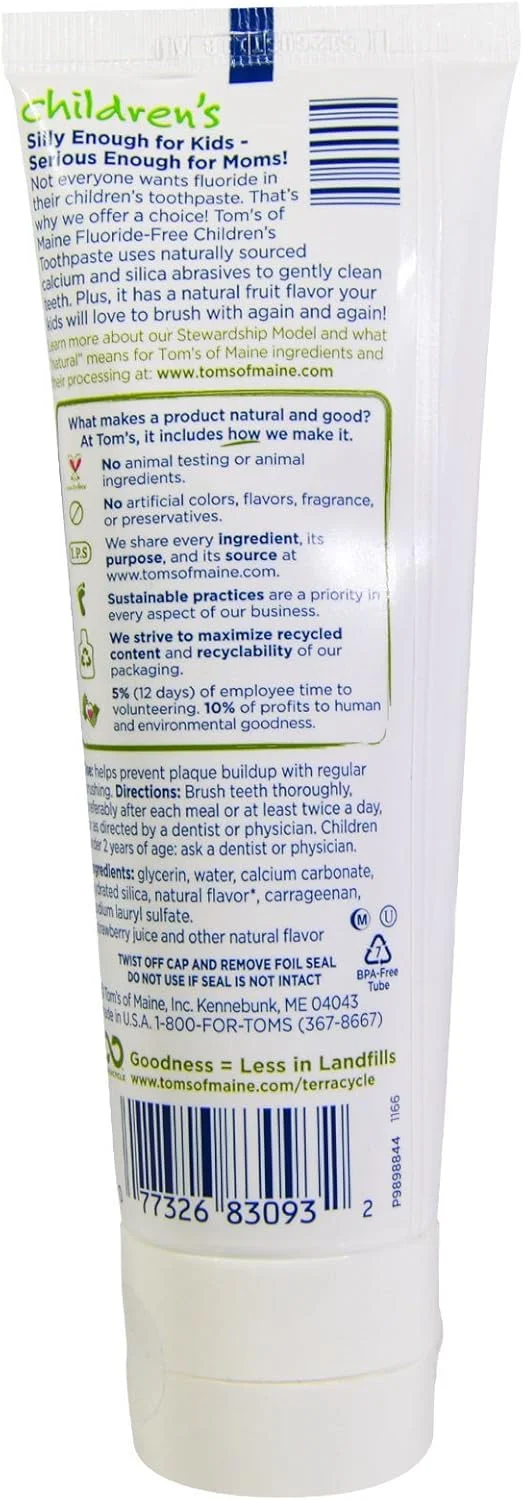 خمیر دندان کودکان بدون فلوراید Tom's of Maine، توت فرنگی شیطون، 119 گرم (بسته 6 عددی)