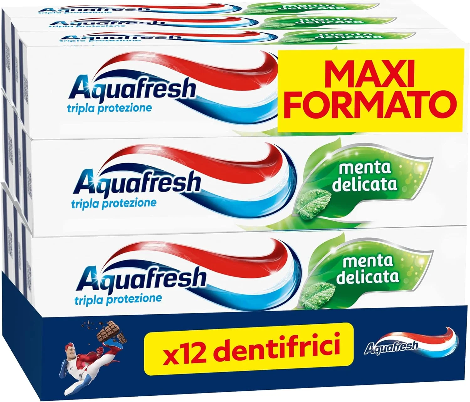 خمیر دندان آکوافرش محافظت سه گانه، دندان های قوی، لثه های سالم، نفس تازه با طعم نعناع ملایم، بسته 12 عددی، 75 میلی لیتر