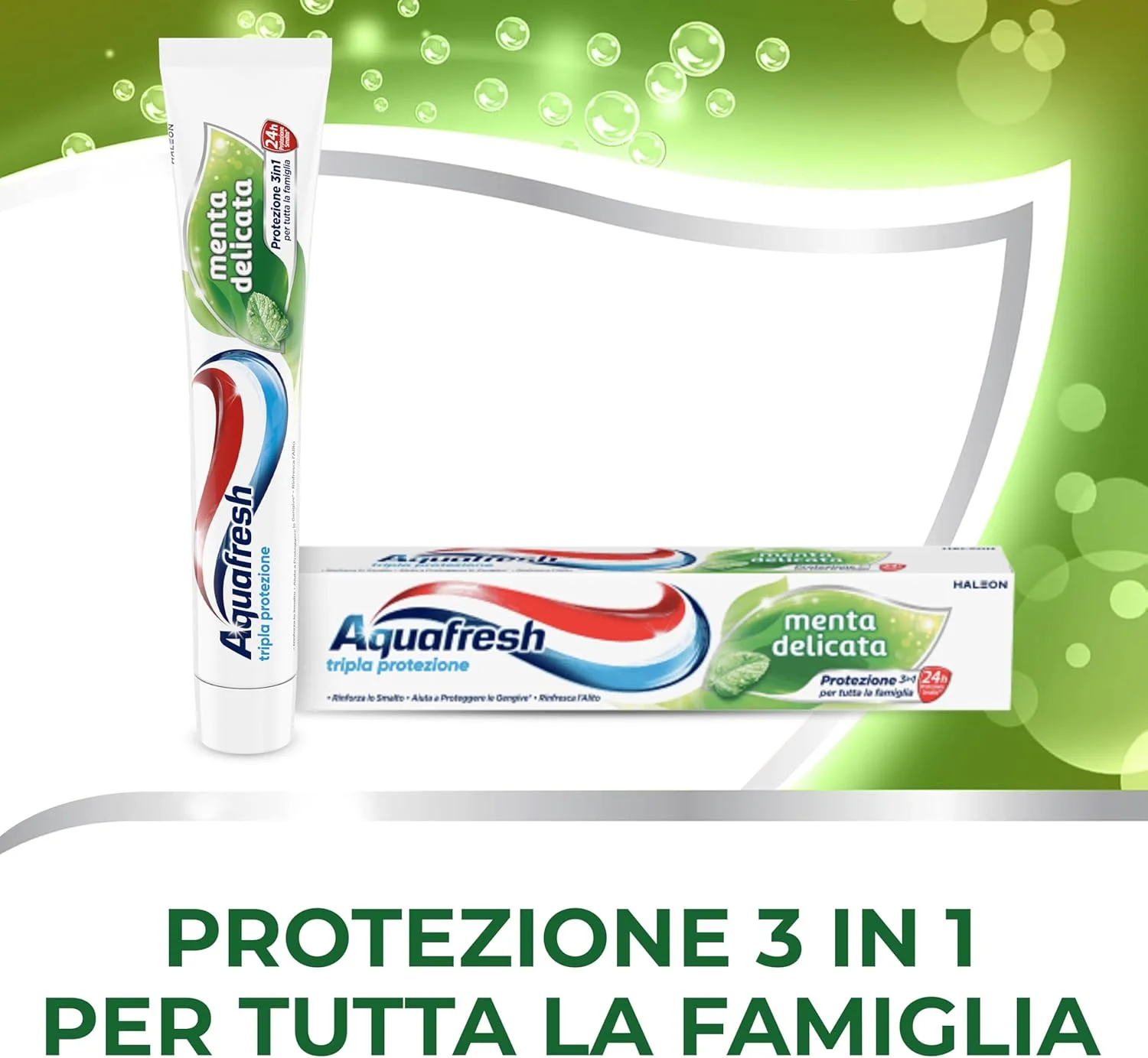 خمیر دندان آکوافرش محافظت سه گانه، دندان های قوی، لثه های سالم، نفس تازه با طعم نعناع ملایم، بسته 12 عددی، 75 میلی لیتر