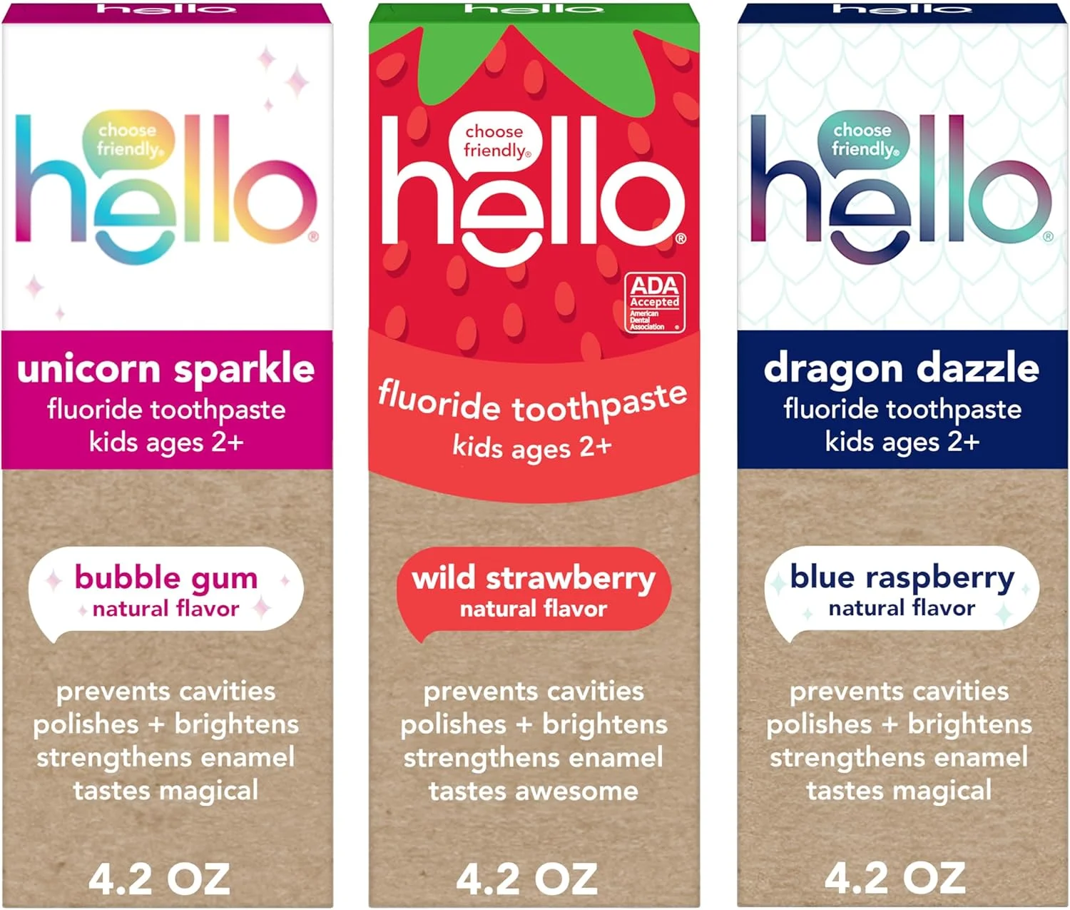 خمیر دندان کودکانه با طعم های متنوع (تک شاخ، توت فرنگی، اژدها)، ضد پوسیدگی، طعم های طبیعی، وگان، بدون SLS، بدون گلوتن، مناسب برای کودکان 2 سال به بالا، 125 گرم (بسته 3 عددی)