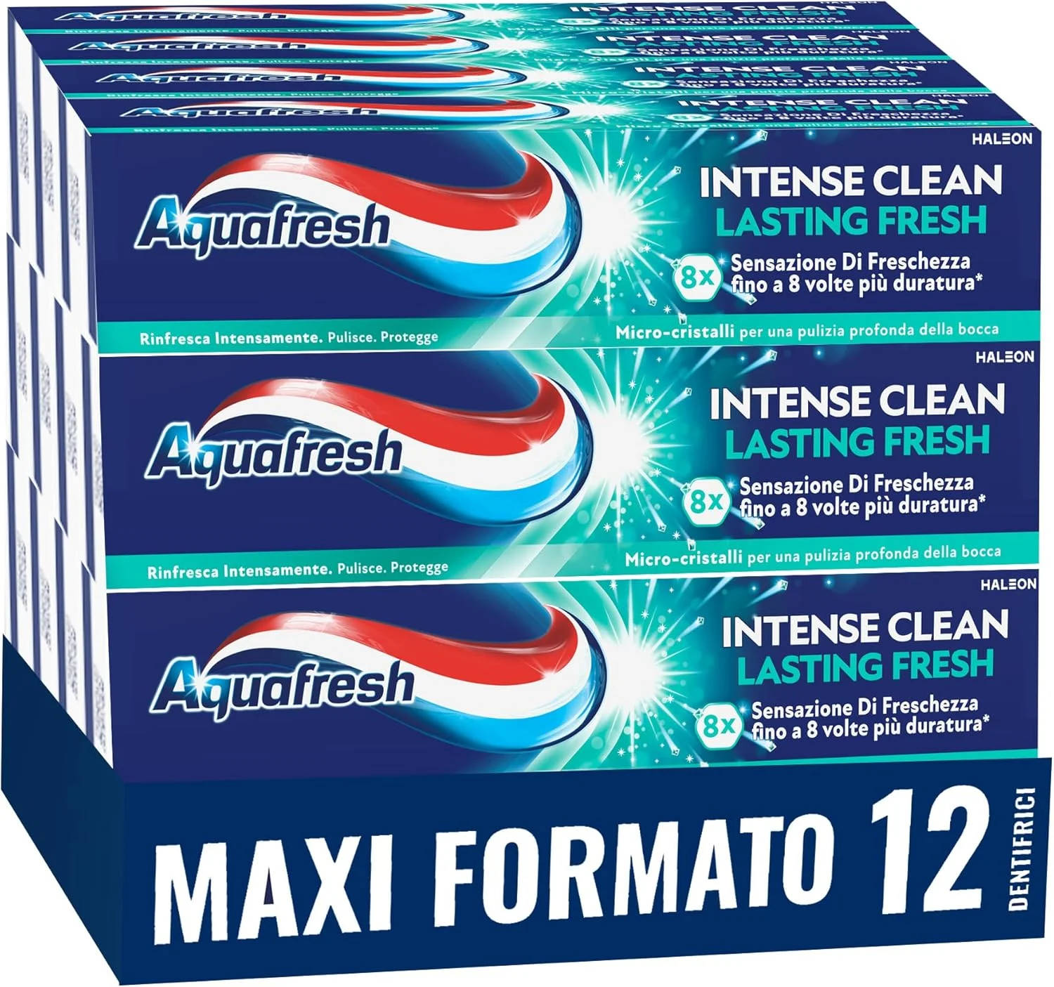 خمیر دندان Aquafresh Intense Clean با طراوت ماندگار، احساس تازگی 8 برابر بیشتر، پاک کنندگی عمیق، بسته 12 عددی خمیر دندان 75 میلی لیتری