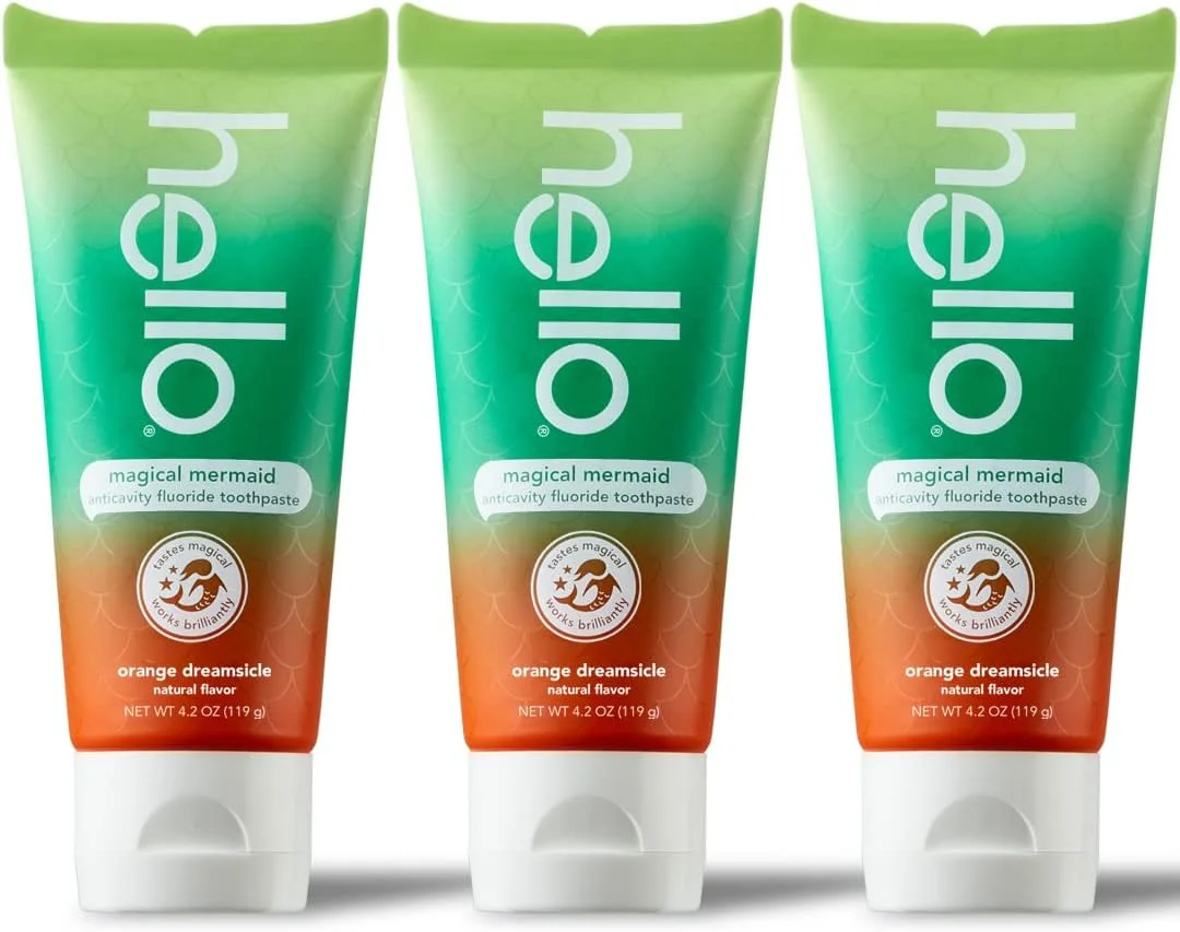 خمیر دندان کودکانه پری دریایی سلام، طعم طبیعی پرتقال، مناسب برای کودکان 2 سال به بالا، بدون شیرین کننده های مصنوعی، بدون SLS، بدون گلوتن، وگان، 124 گرم (بسته 3 عددی)