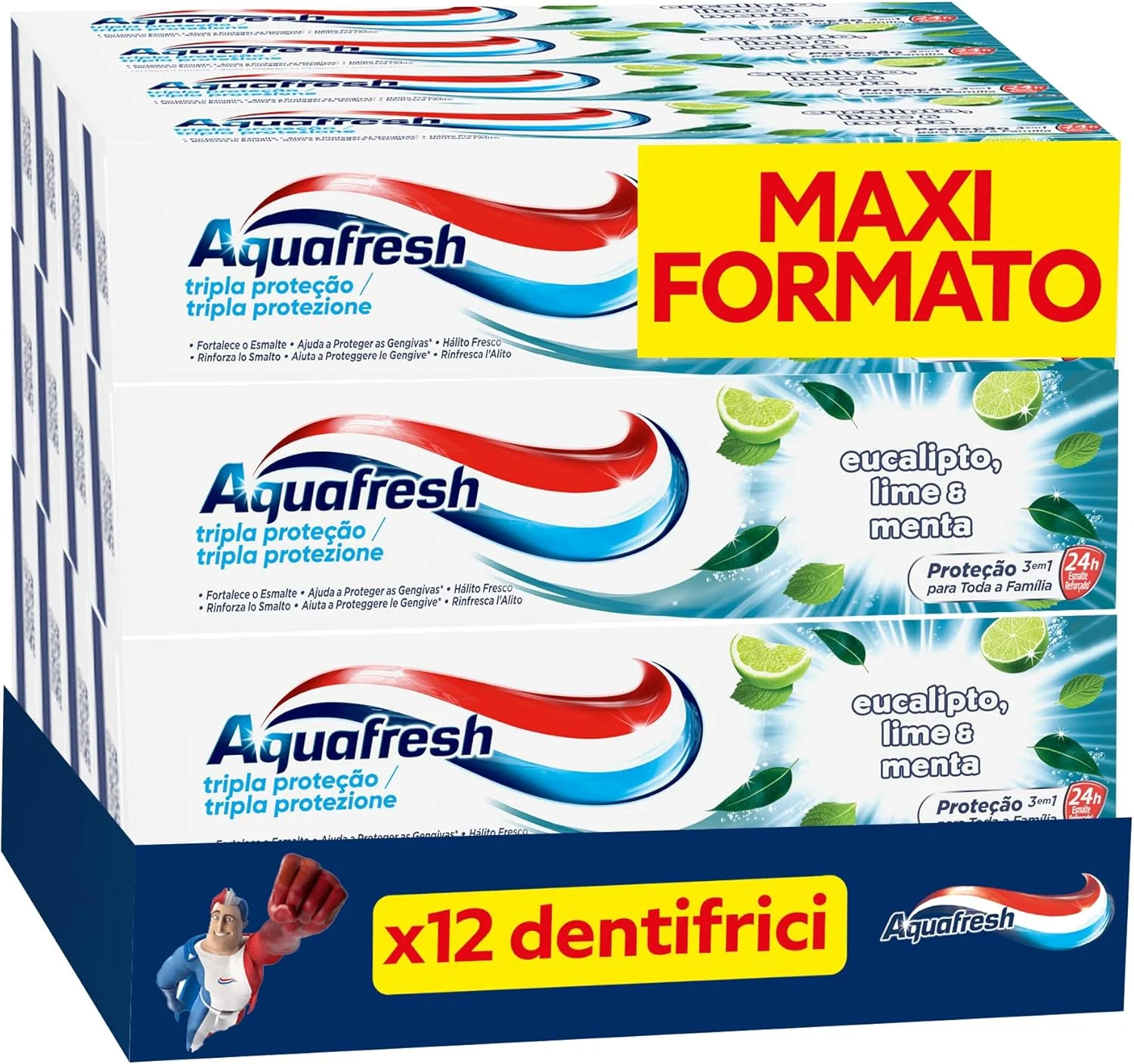 خمیر دندان محافظت سه گانه آکوافرش برای تمام خانواده، لثه های سالم، محافظت از دندان، نفس با طراوت، طعم اکالیپتوس، لیمو و نعناع، بسته 12 عددی 75 میلی لیتری