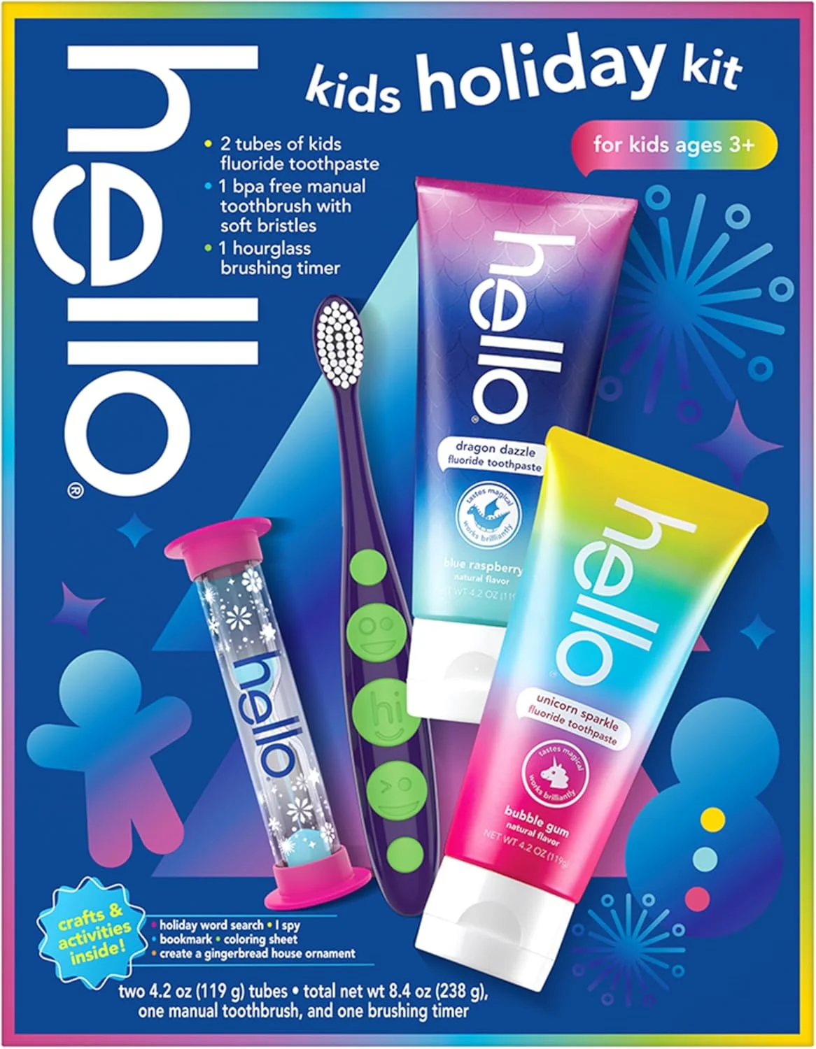 مجموعه هدیه مسواک و خمیر دندان کودکانه، شامل مسواک کودکانه با دسته پهن و 2 خمیر دندان کودکانه با تایمر شنی و فعالیت های سرگرم کننده تعطیلات در داخل، برای سنین 3 سال به بالا