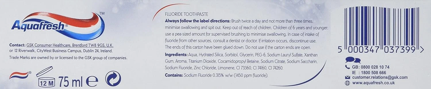 خمیر دندان محافظت کامل آکوافرش، ۷۵ میلی لیتر، سفید کننده، بسته ۶ عددی