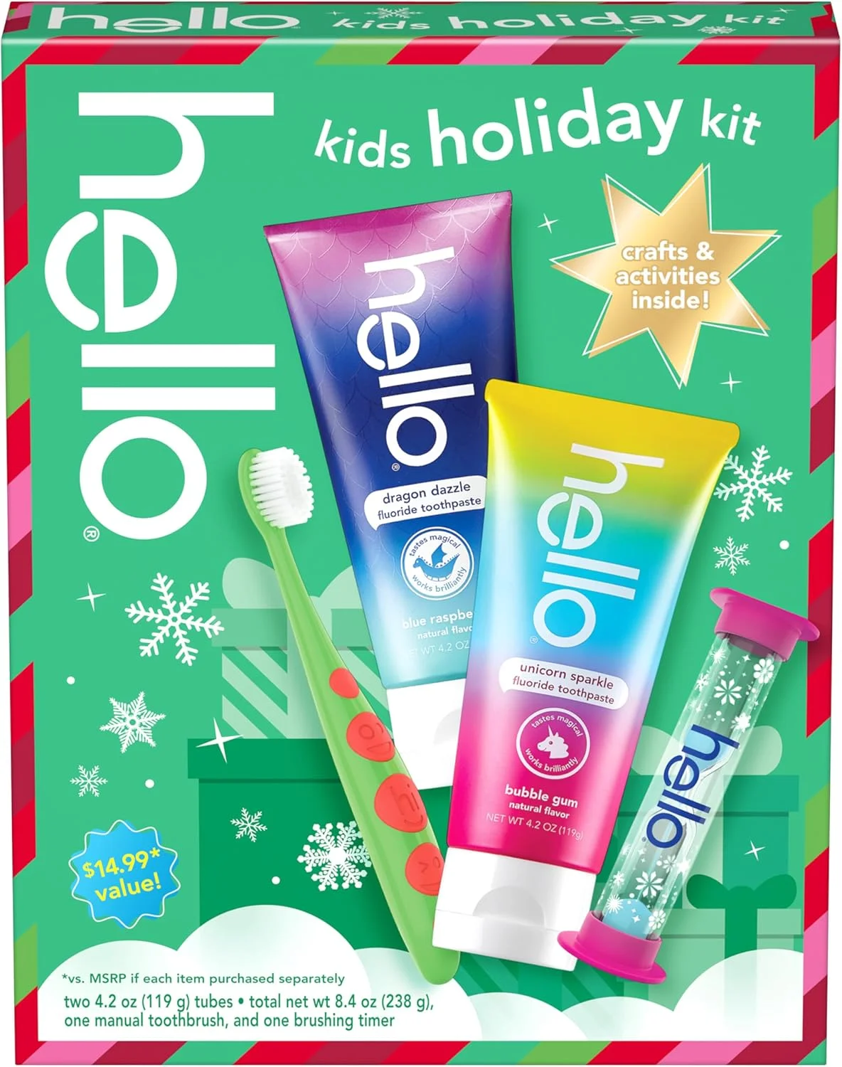 مجموعه هدیه مسواک و خمیر دندان کودکانه کیان داریا با فلوراید، برای سنین 3 سال به بالا، شامل خمیر دندان با طعم آدامس بادکنکی و تمشک آبی، یک تایمر شنی و صنایع دستی سرگرم کننده