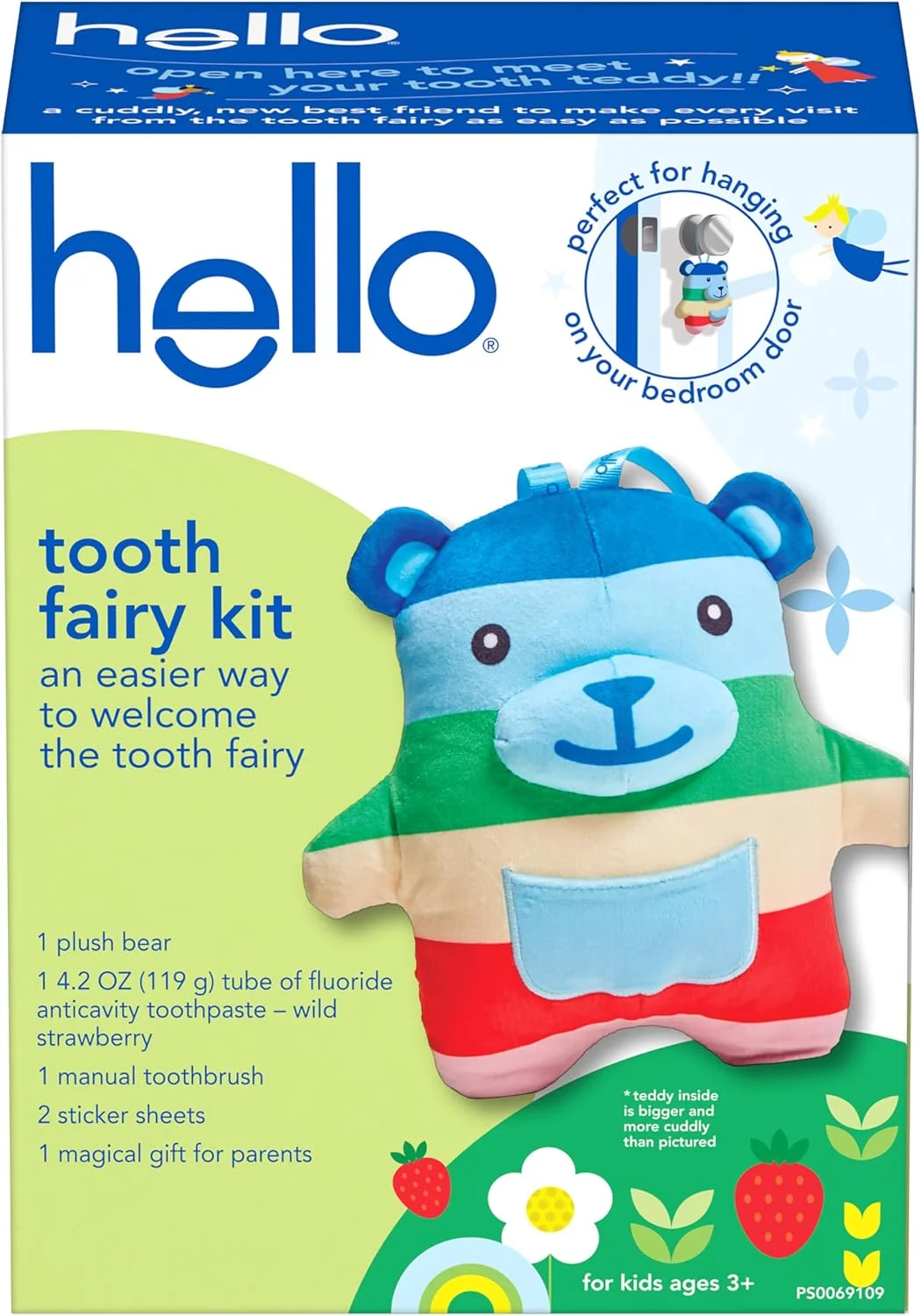 جعبه هدیه پری دندان با آویز در و خرس عروسکی دندان، شامل خمیر دندان توت فرنگی کودک و مسواک کودک، برای کودکان 3 سال به بالا