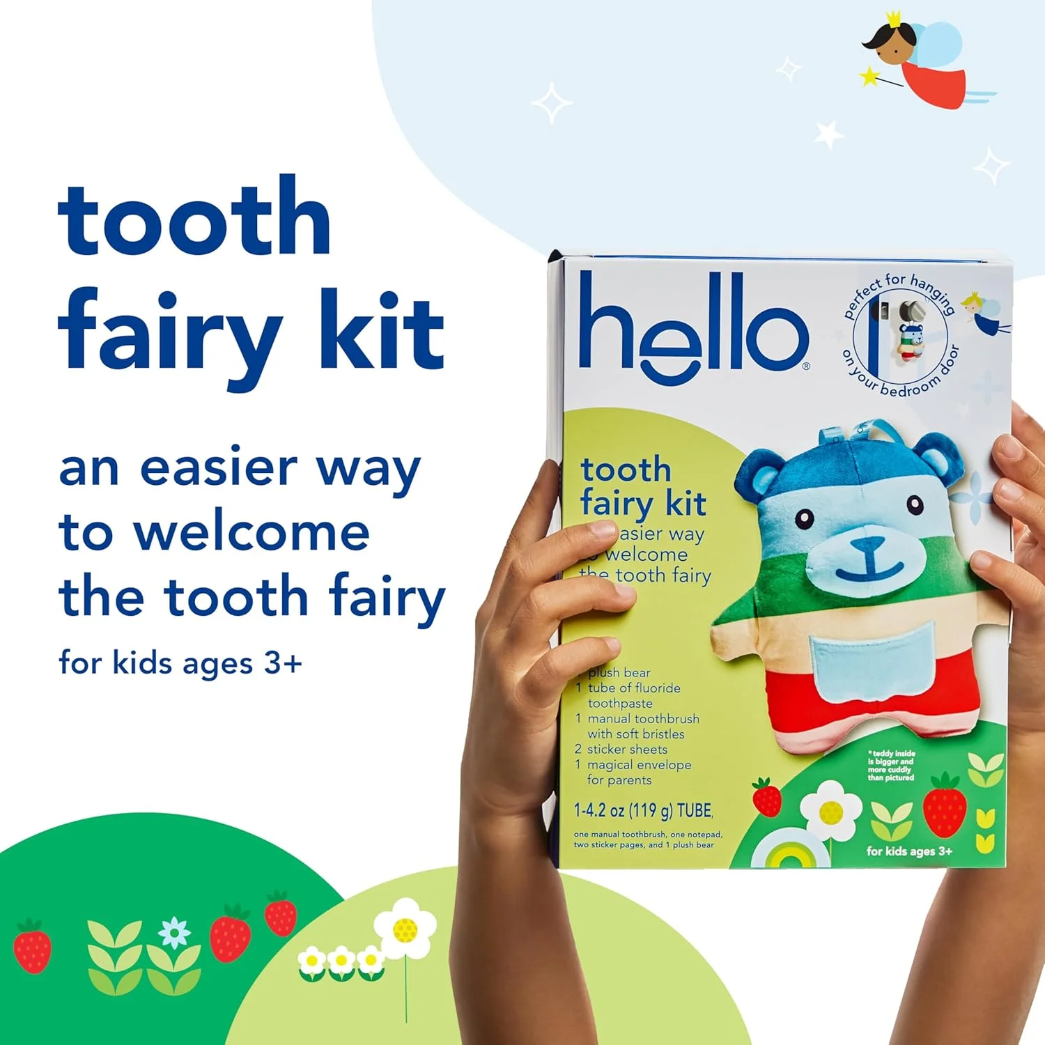 جعبه هدیه پری دندان با آویز در و خرس عروسکی دندان، شامل خمیر دندان توت فرنگی کودک و مسواک کودک، برای کودکان 3 سال به بالا جعبه هدیه پری دندان با آویز در و خرس عروسکی دندان، شامل خمیر دندان توت فرنگی کودک و مسواک کودک، برای کودکان 3 سال به بالا