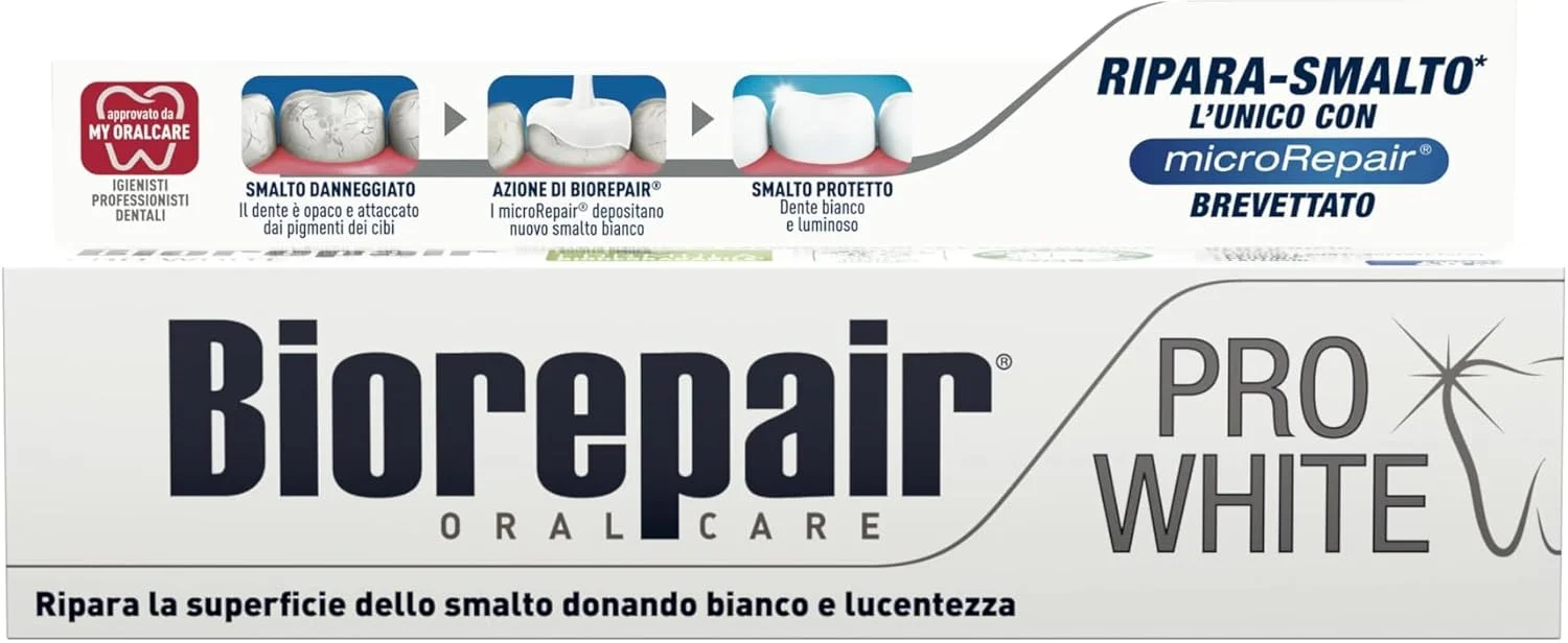 Biorepair، خمیر دندان Pro White، خمیر دندان روشن کننده با فناوری پلیمر PVP، مینای دندان و جرم را برای دندان های سفید و درخشان ترمیم می کند، 75 میلی لیتر