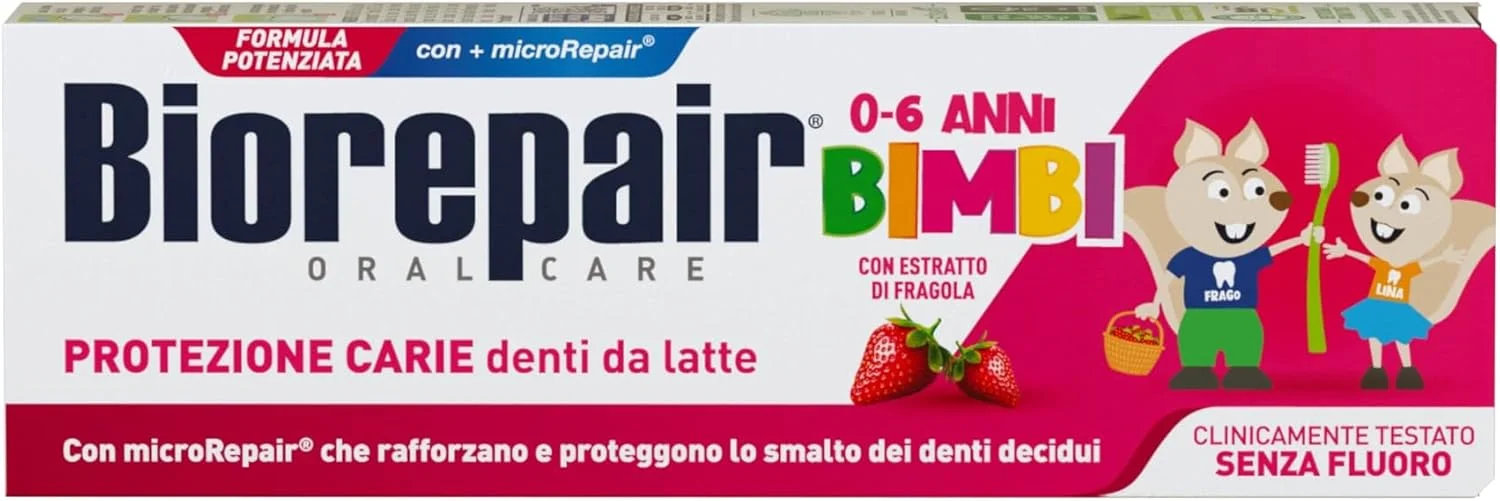 خمیر دندان کودک بایوریپیر، محافظت از دندان در برابر پوسیدگی، مناسب کودکان 0-6 سال، با عصاره توت فرنگی، میکرو ریپیر، تست شده بالینی، بدون فلوراید و رنگ، 50 میلی لیتر