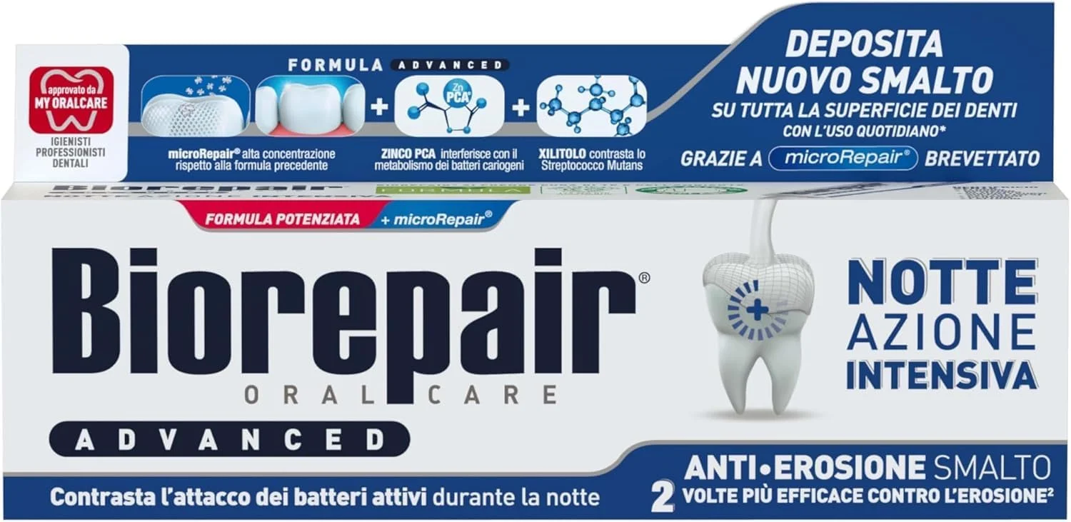 خمیر دندان شب پیشرفته Biorepair، ضد فرسایش قوی، 3 بسته 75 میلی لیتری، محافظت و ترمیم کننده مینای دندان، ضد باکتری، MicroRepair PCA Zinc و Xylitol