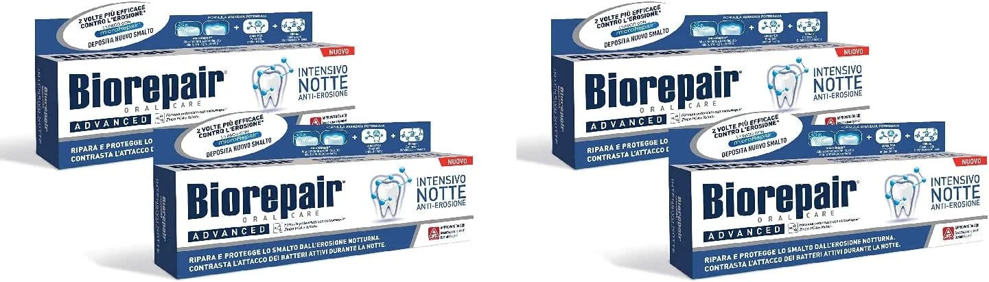 Biorepair 4 عددی - خمیر دندان ترمیم کننده شبانه 75 میلی لیتر محافظت از مینای دندان، ترمیم تدریجی حفره ها، ترمیم ذرات ریز، محافظت از مینای دندان و کمک به جلوگیری از پوسیدگی